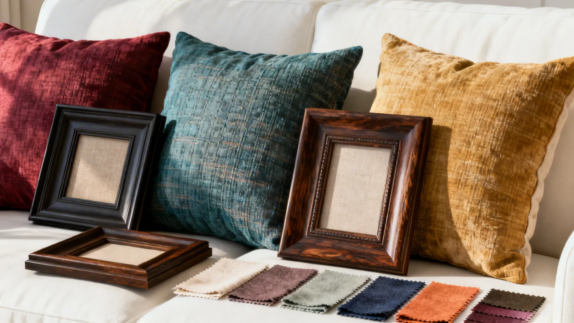 Flatlay of accent pillows and framed artwork samples to test contrast with an off-white couch.