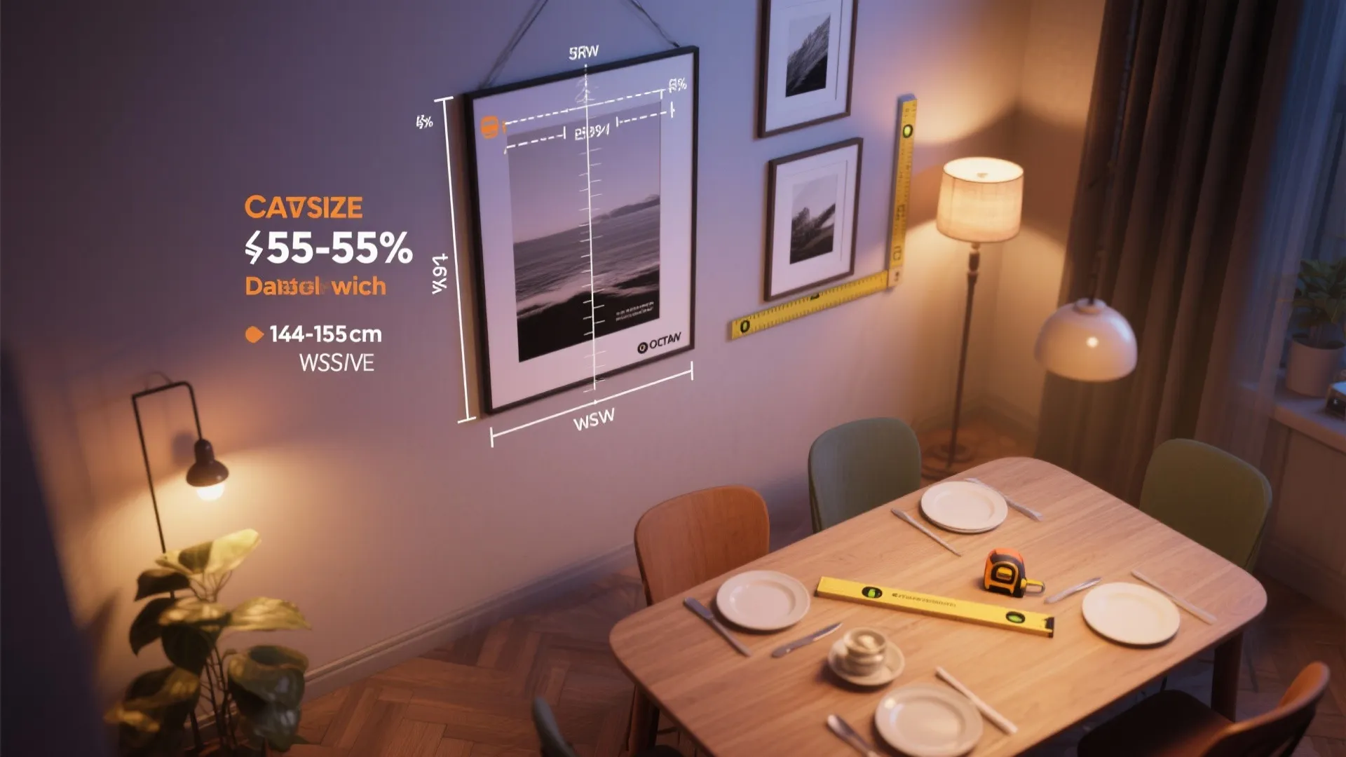 Top-down visual guide showing canvas width vs table width and recommended hanging height with measuring tools.