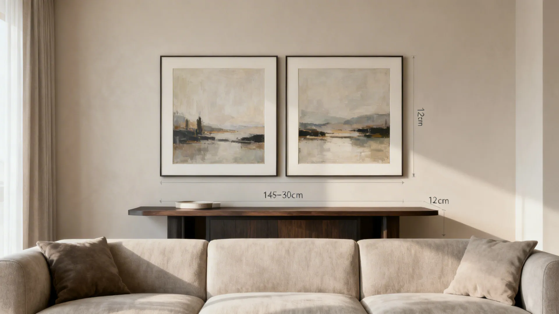 Living room and console area showing correctly sized and spaced wall art.