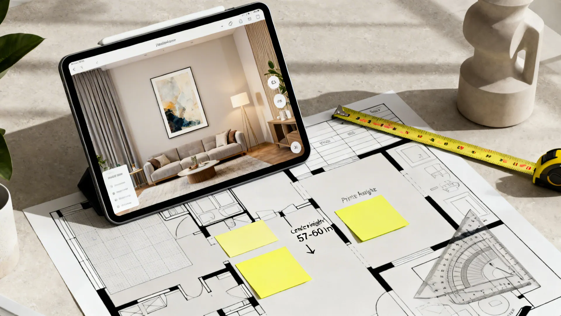 Top-down view of a tablet room-planner, measuring tape and paper templates for art placement