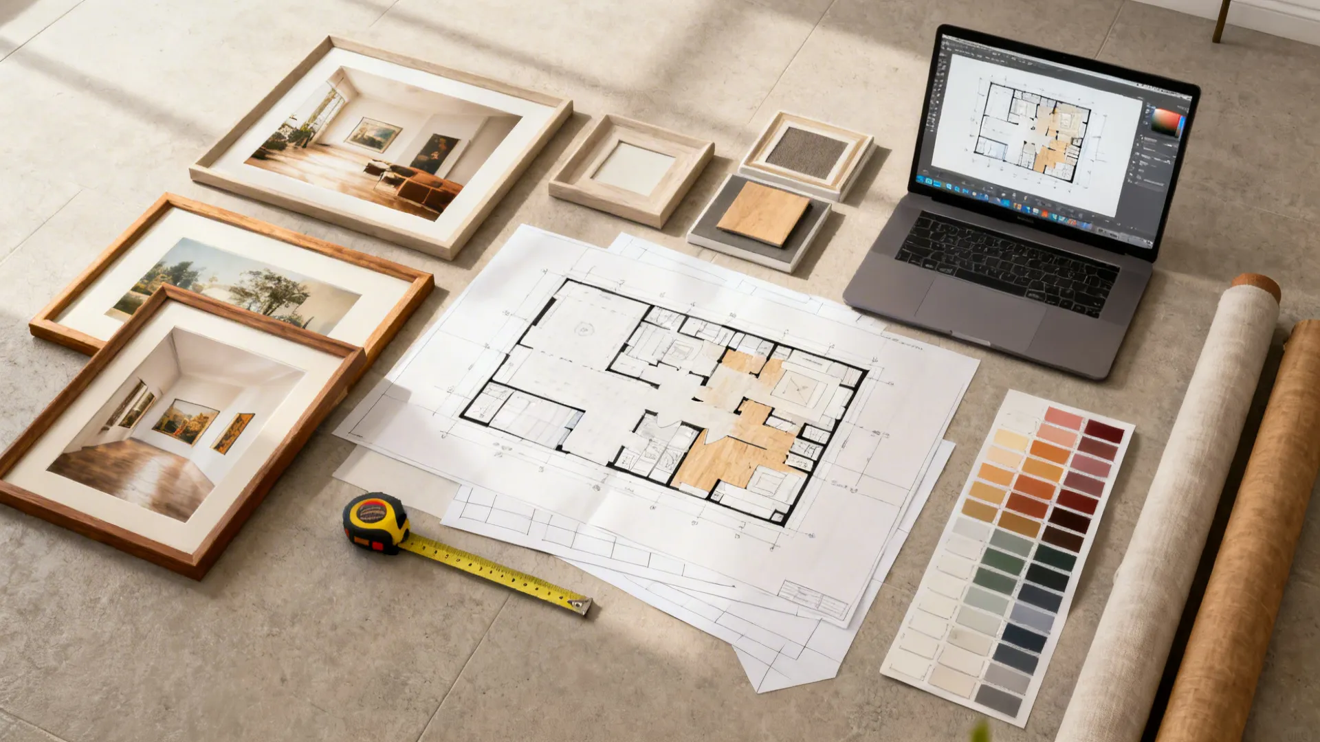 Flatlay of gallery wall planning tools: templates, frames, measures and a digital mockup.