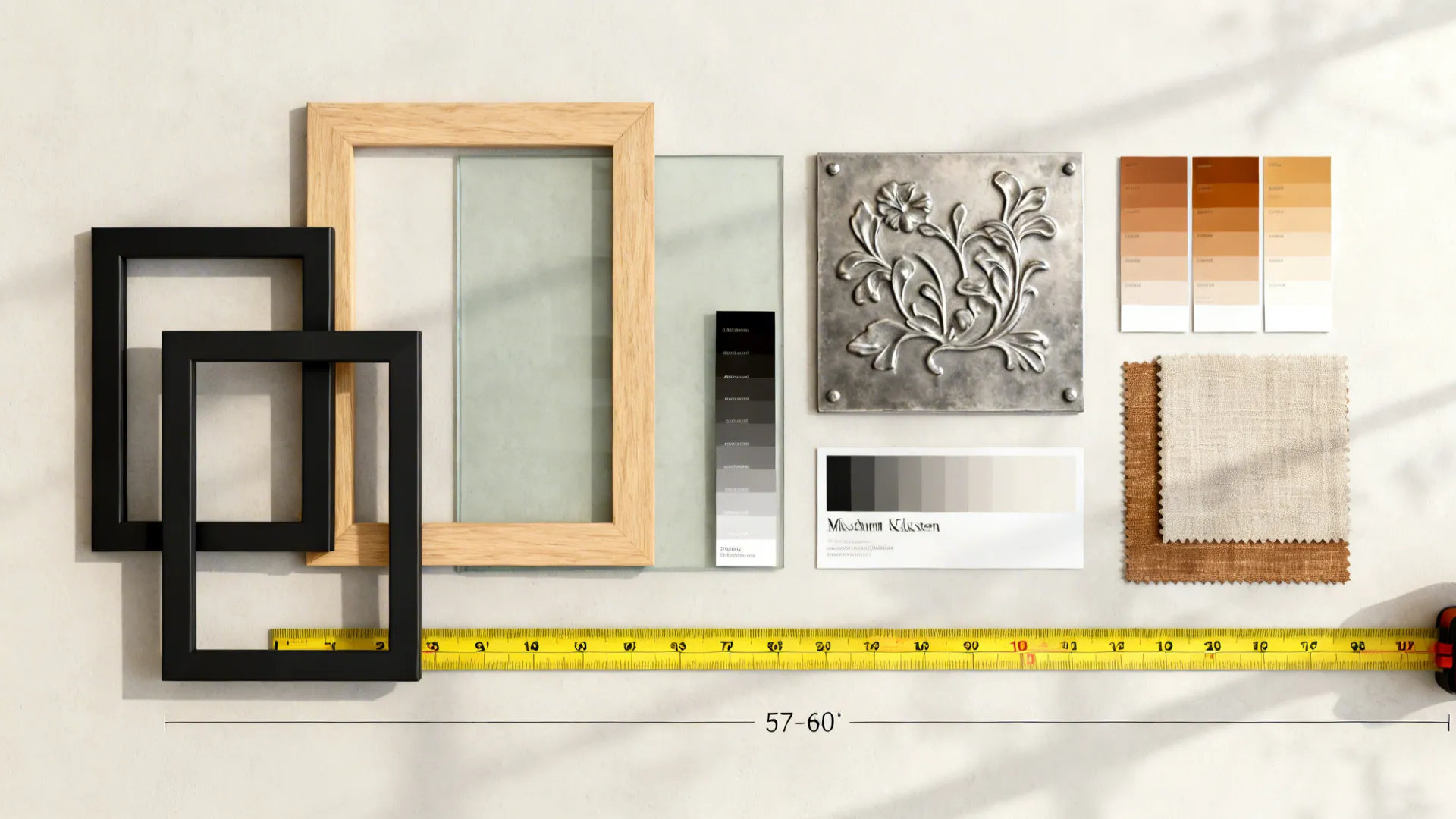 Top-down flat lay of frame corners, museum glass, metal and textile samples, and paint chips.