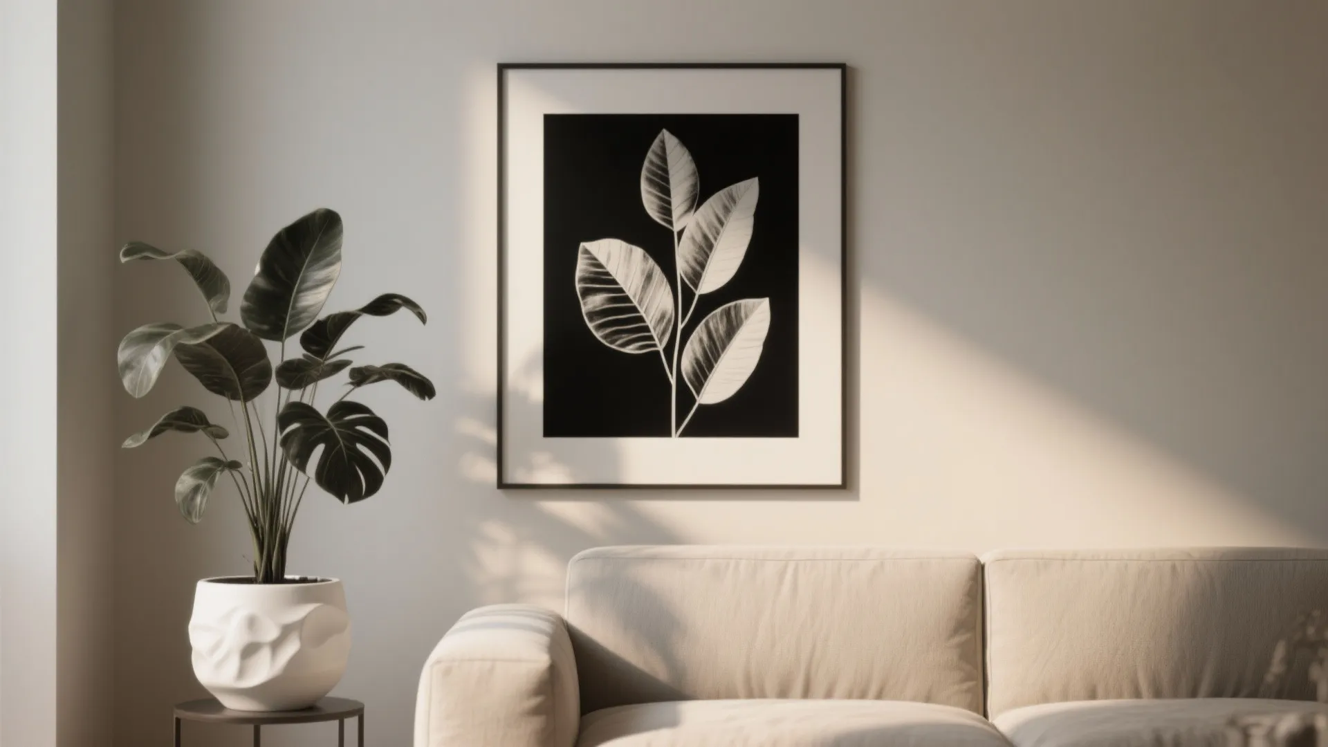 Living room interior with beige sofa green plant in white pot and black leaf art