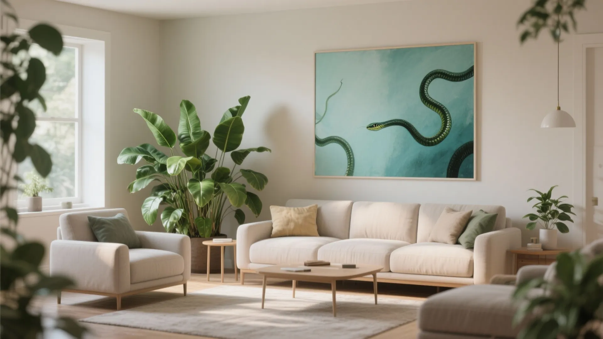 4. Subtle Color Pops with Art and Plants