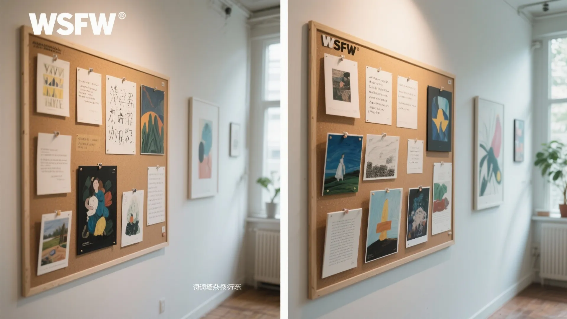 Two cork boards hanging on a white wall displaying various interior design drawings and artwork