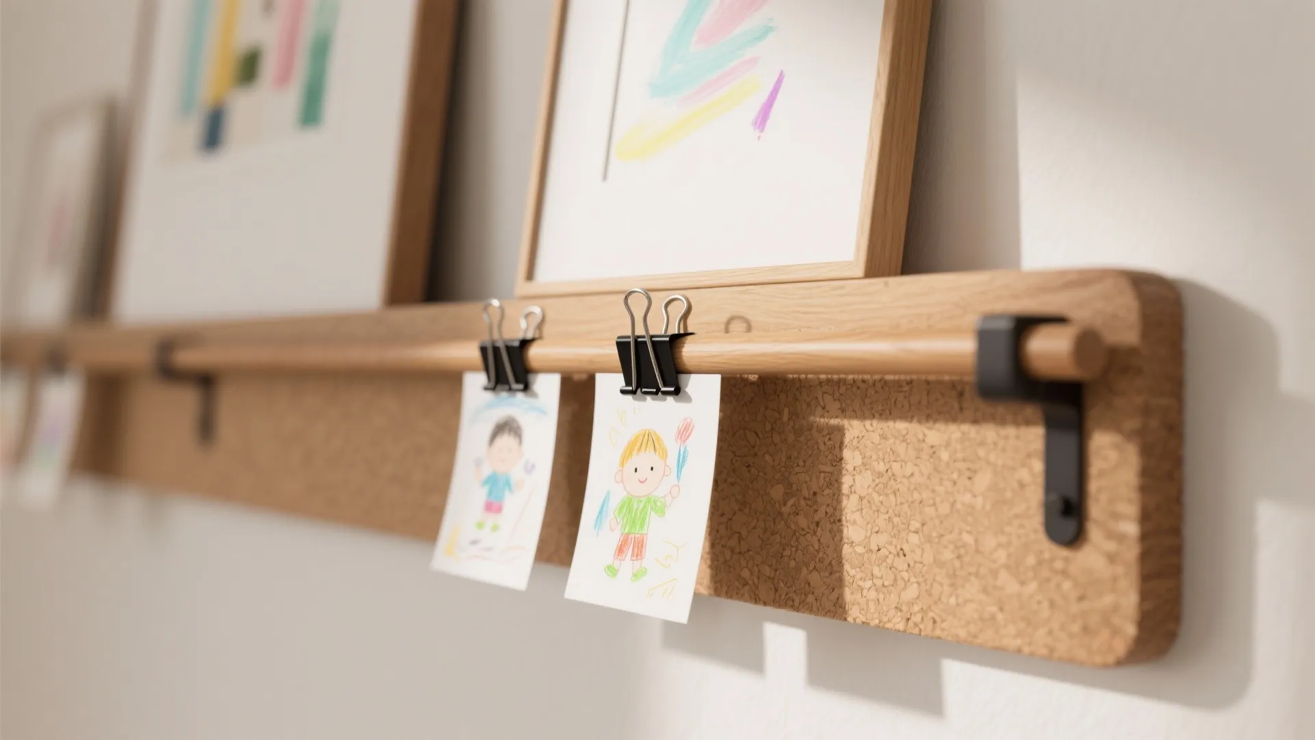 Close up of a wooden art rail holding children drawings with black clips and frames
