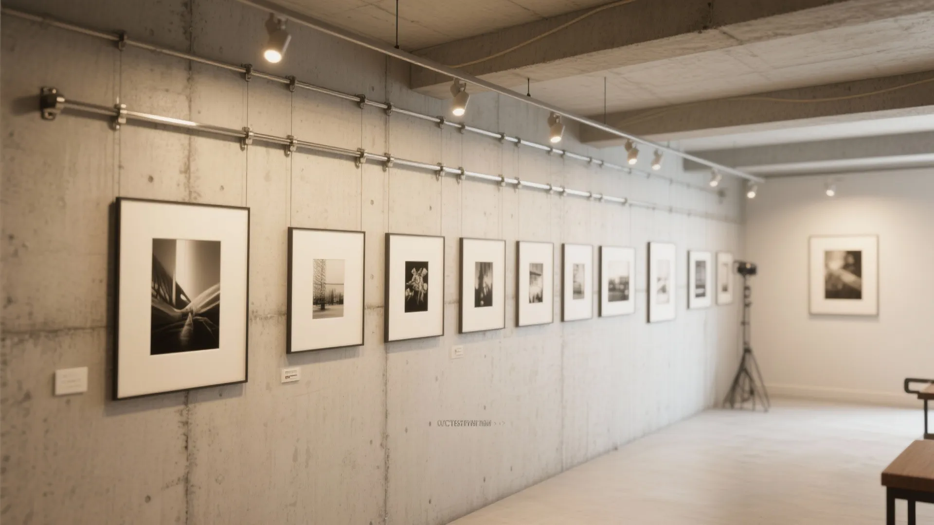 Art gallery wall with multiple framed pictures hanging from a metal rail system on concrete