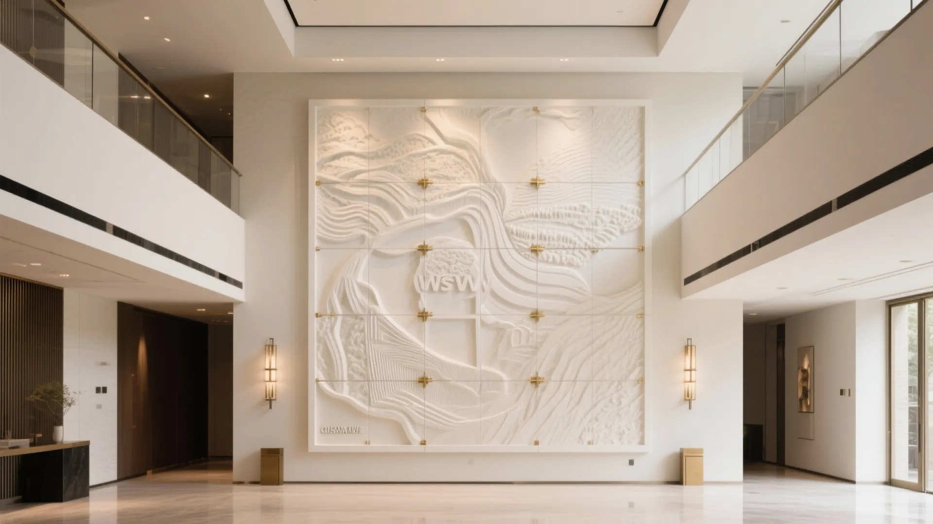 Spacious white lobby area with large decorative wall panel and warm wall lights on walls