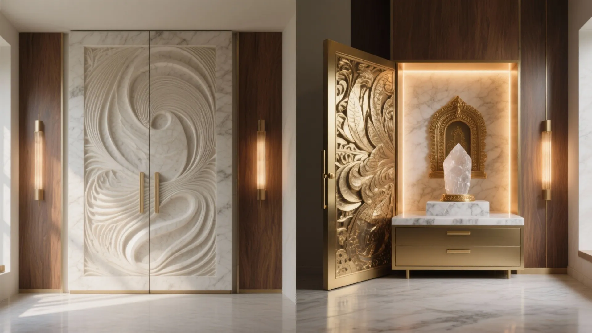Carved marble doors opening to reveal a gold prayer niche with crystal and wall lights