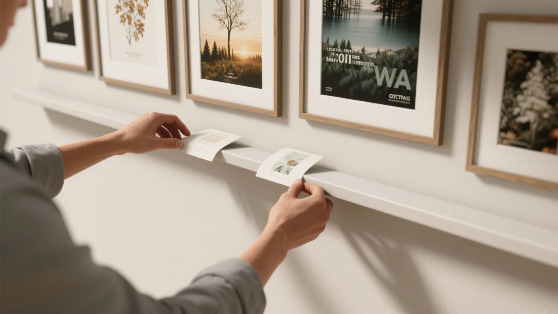Hands placing small cards on a thin white wall shelf below row of framed art