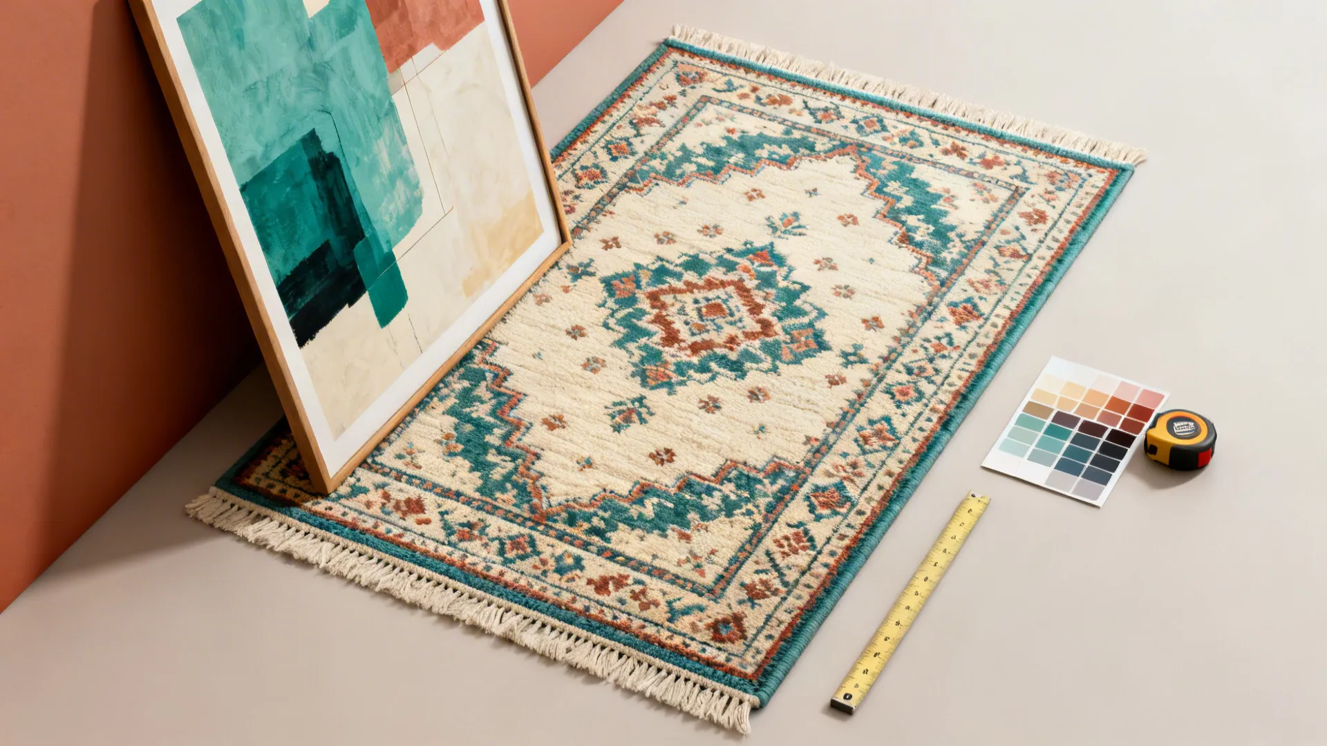 Top-down flatlay of patterned rug sample and framed abstract art showing color coordination.