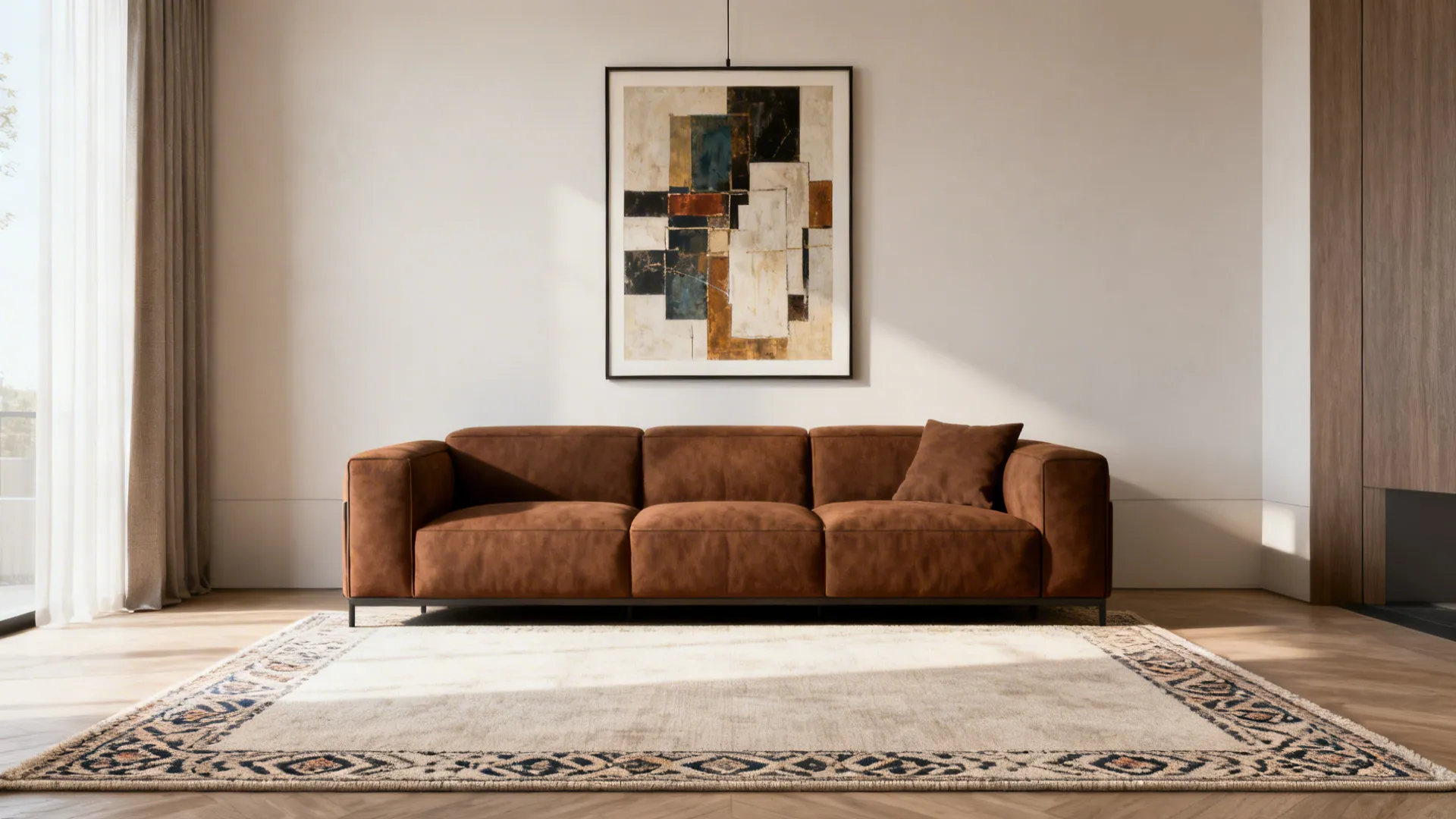 Brown sofa anchored by a large light rug and low-hung statement art to define the seating area.