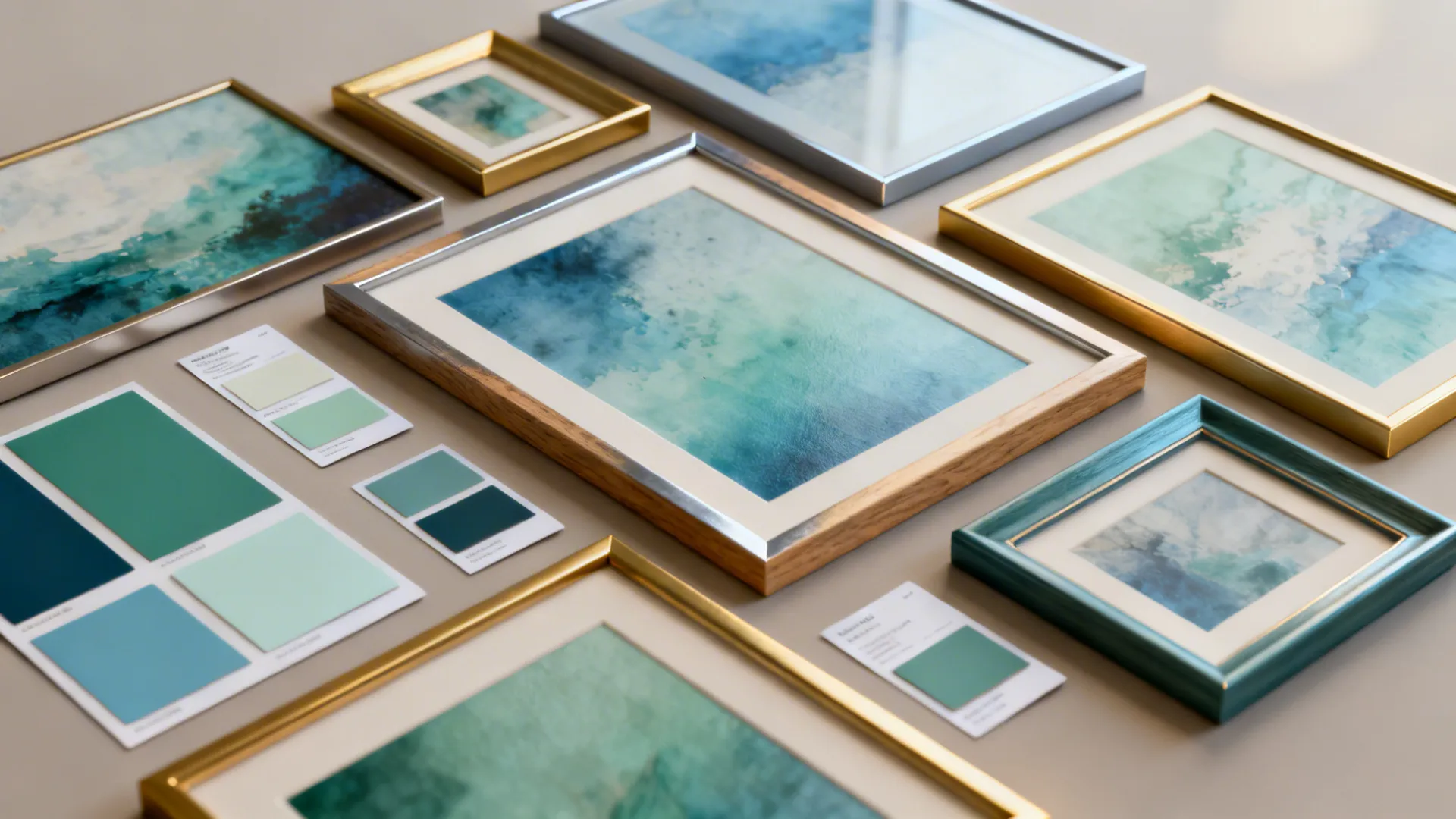 Flatlay of framed art samples and color swatches illustrating feng shui color choices.