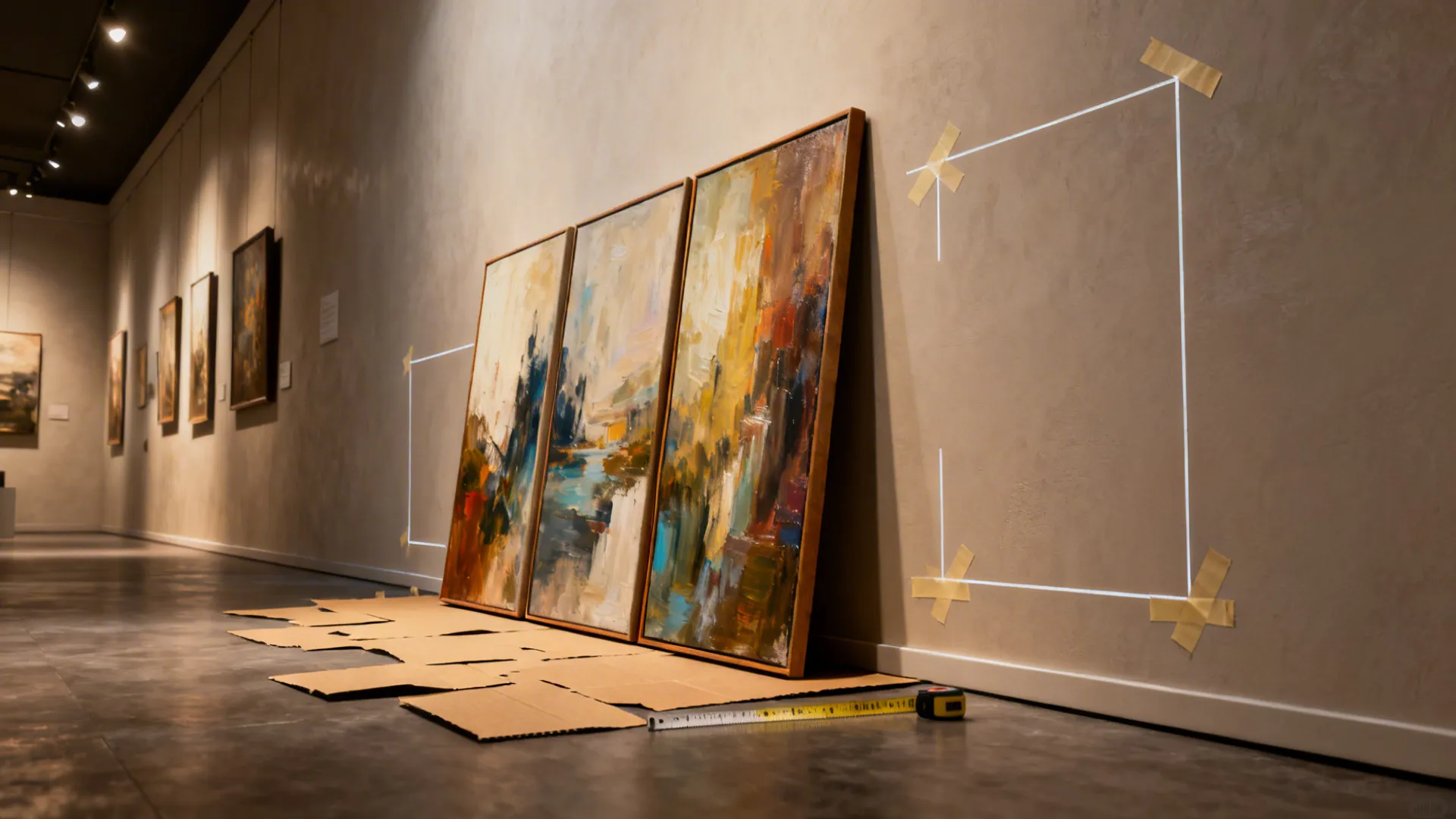 Art mockups and a triptych used to test scale on a large wall.