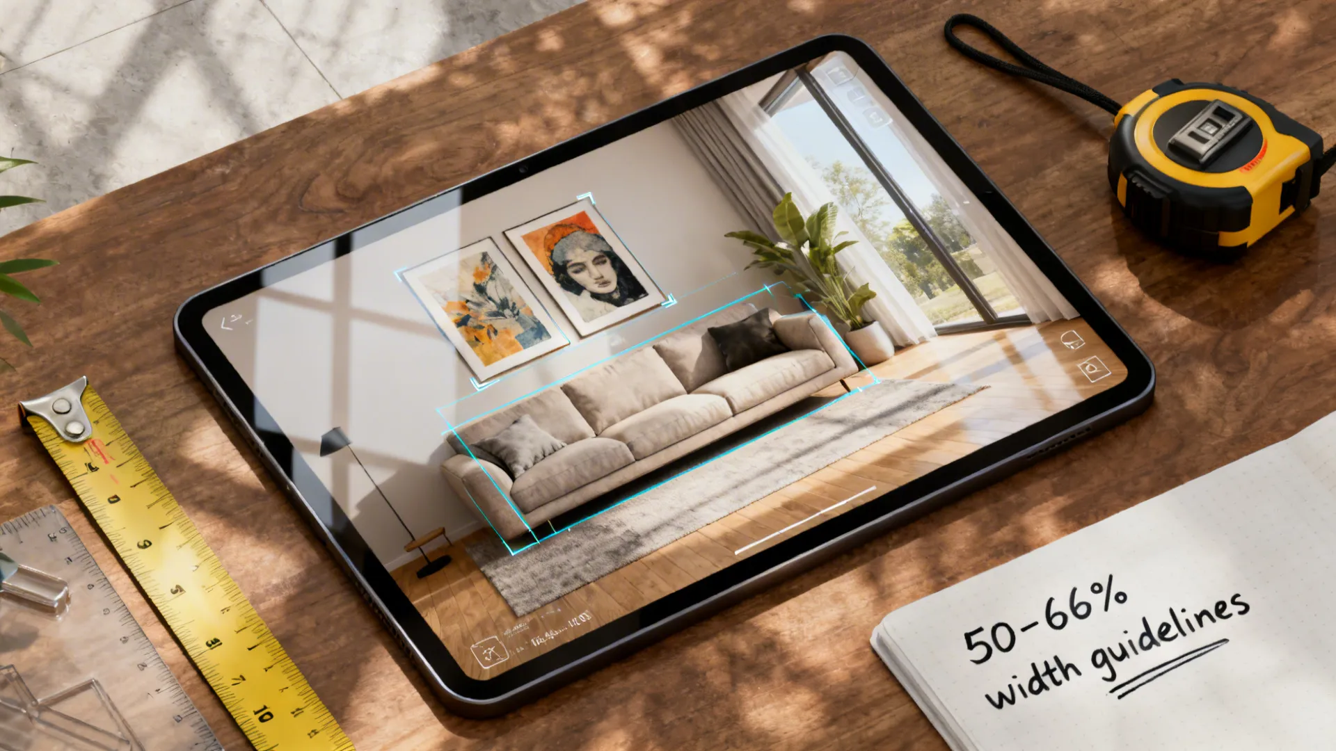 Top-down mockup with 3D planner showing art scale guidelines and measurements above a sofa.