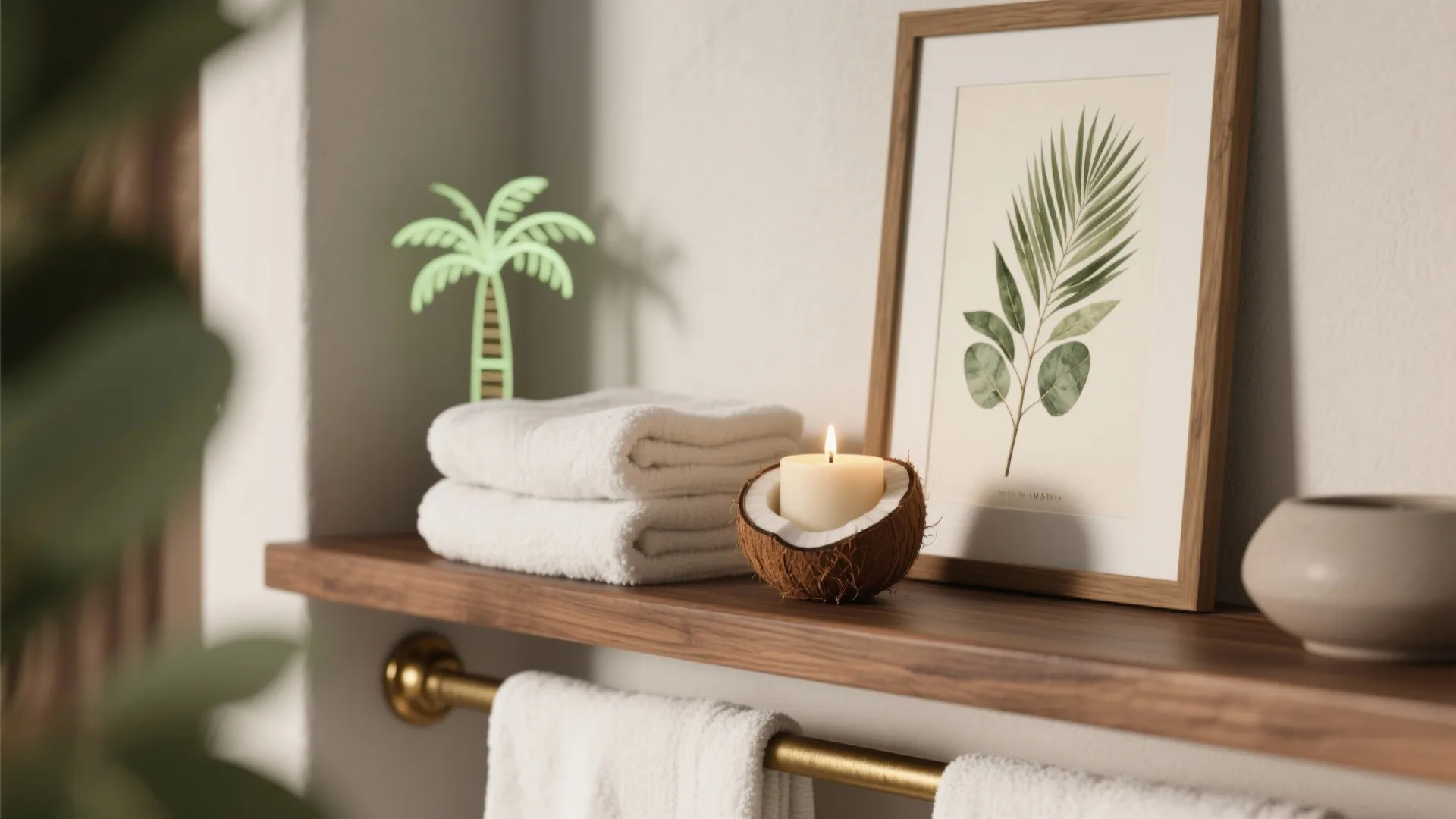 Wooden wall shelf with white towels a burning coconut candle and a framed leaf picture