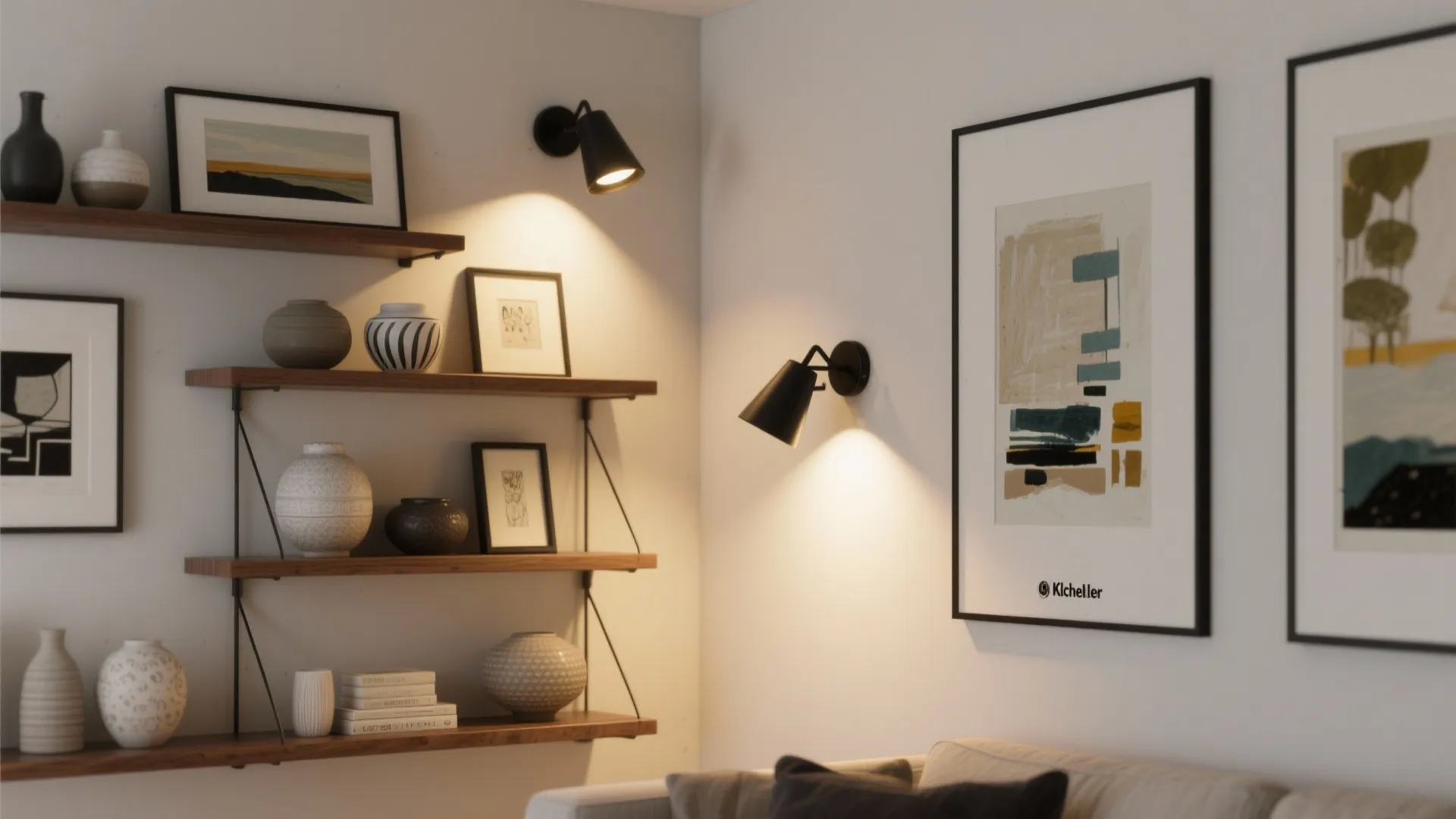 3. Frame art and shelves with directional lighting