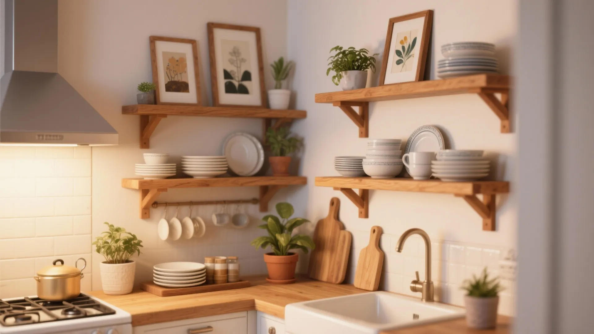 Wooden wall shelves in kitchen holding white plates framed art green plants and cooking tools