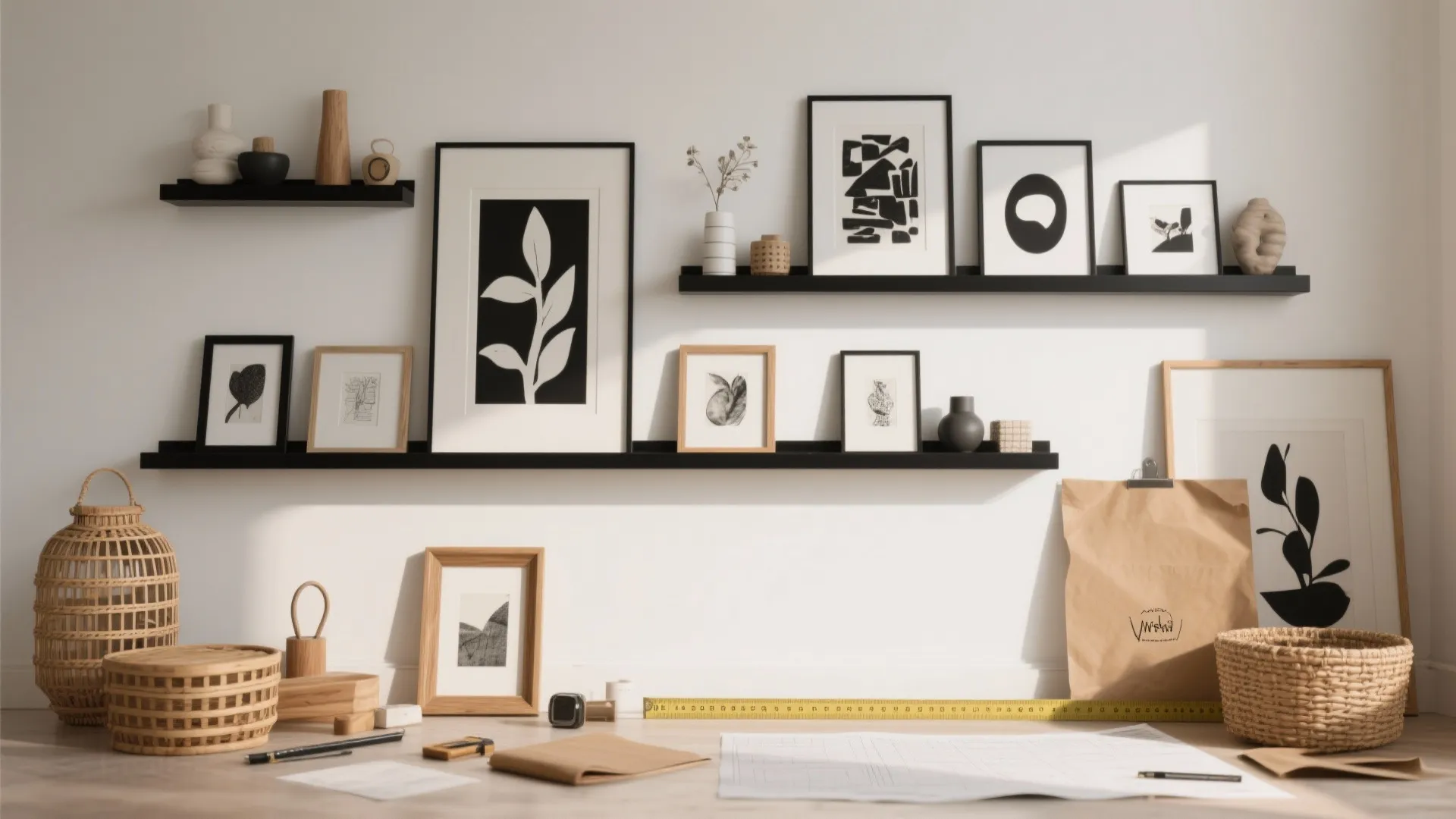 5. Minimalist Art Shelves with Rotating Pieces