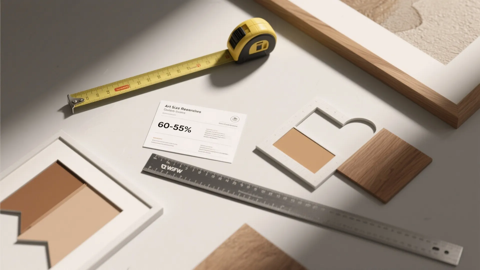 Interior design tools including yellow tape measure black ruler frame samples and art sizing guide