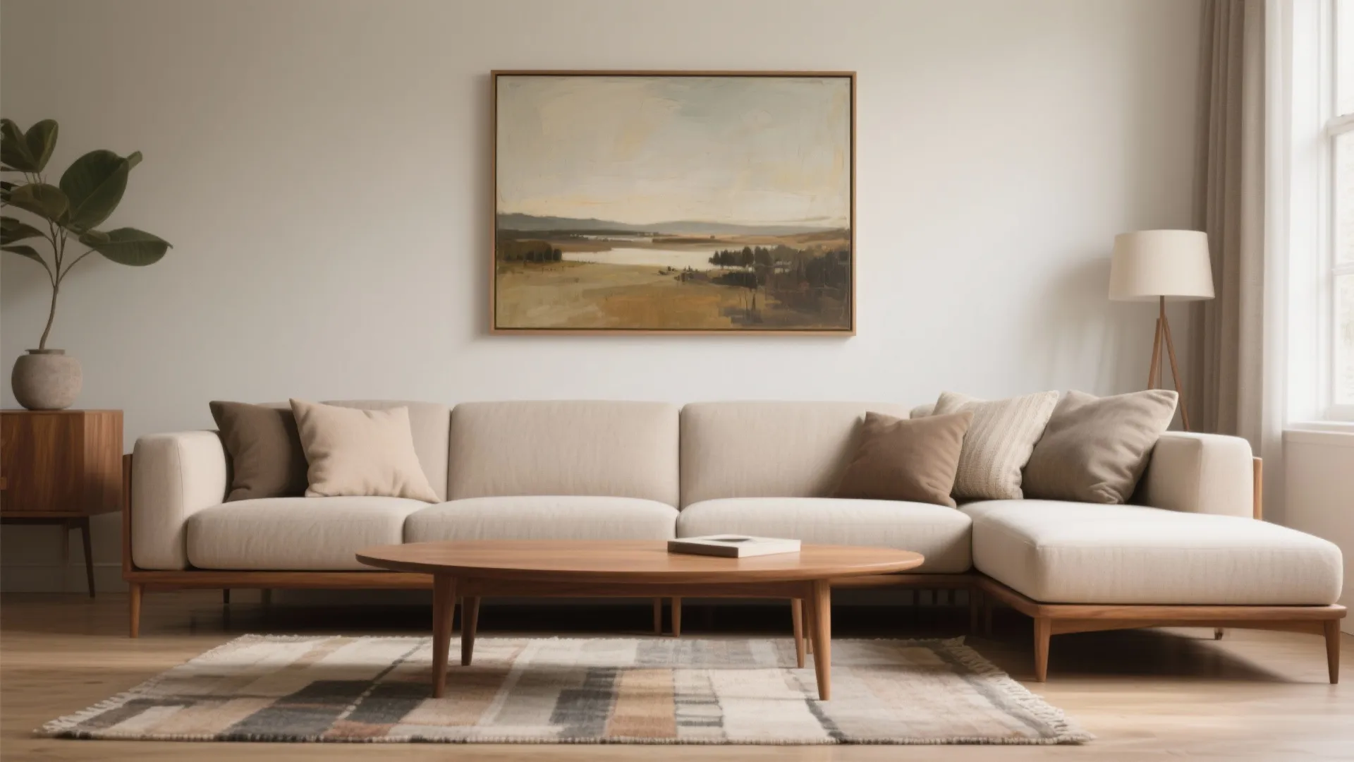 Living room with beige sofa wooden coffee table rug and landscape painting on white wall