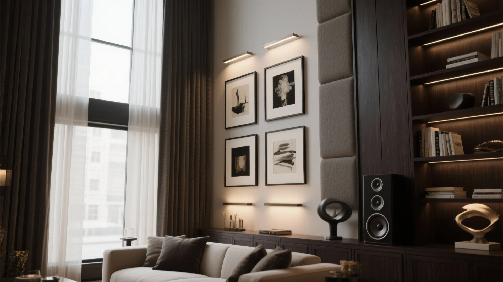 Living room corner showing wall light over framed art next to bookshelf and large speaker