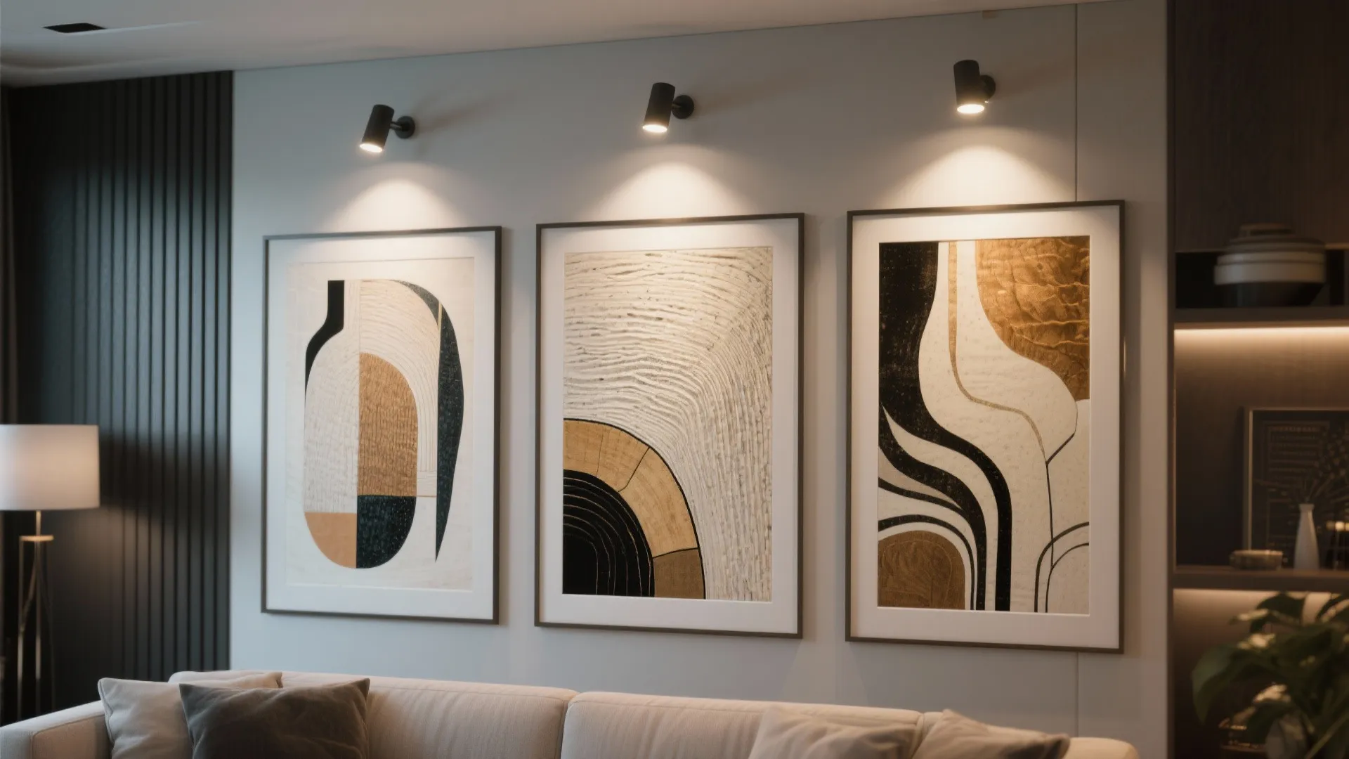Three abstract wall paintings hanging above a beige sofa illuminated by three black wall lights