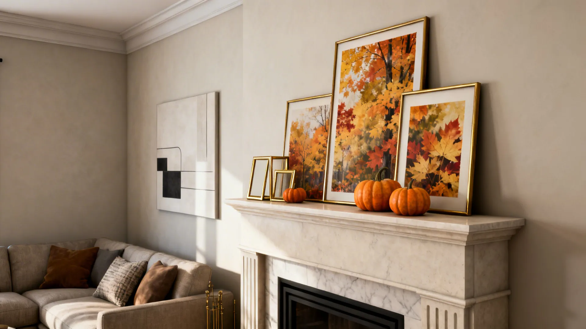Before-and-after view showing neutral art swapped for autumn-themed prints and small seasonal accents.