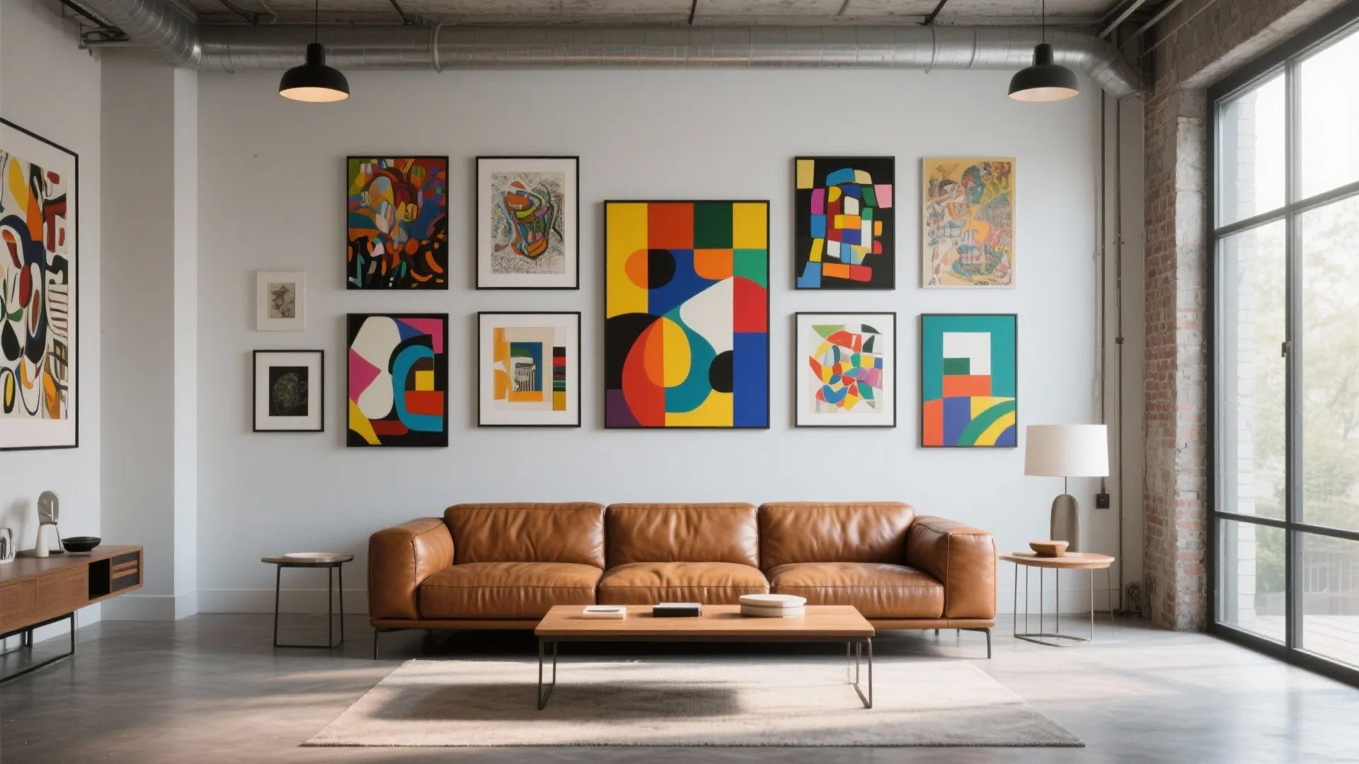 Industrial living room featuring tan leather sofa colorful wall art and black hanging ceiling light