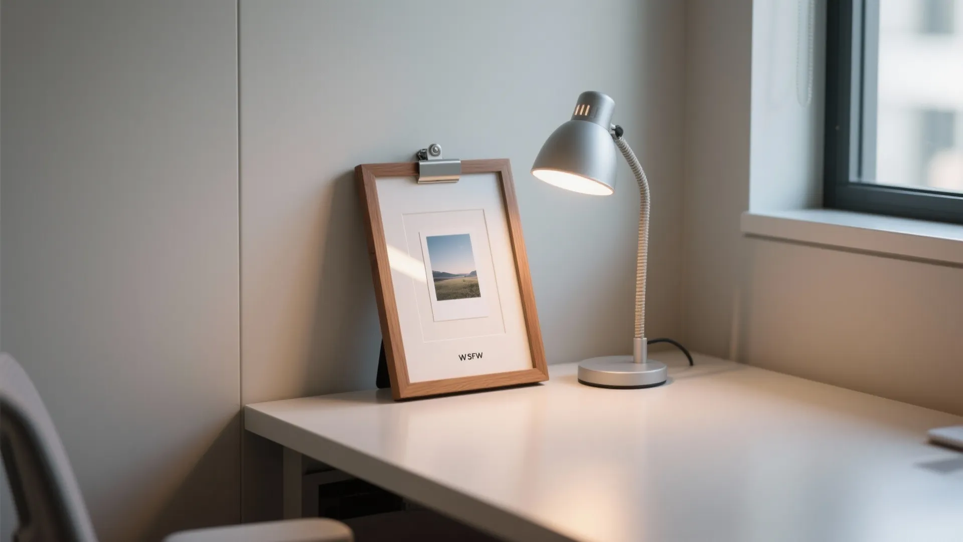 Modern silver desk lamp illuminating a wooden picture frame on a white office work table