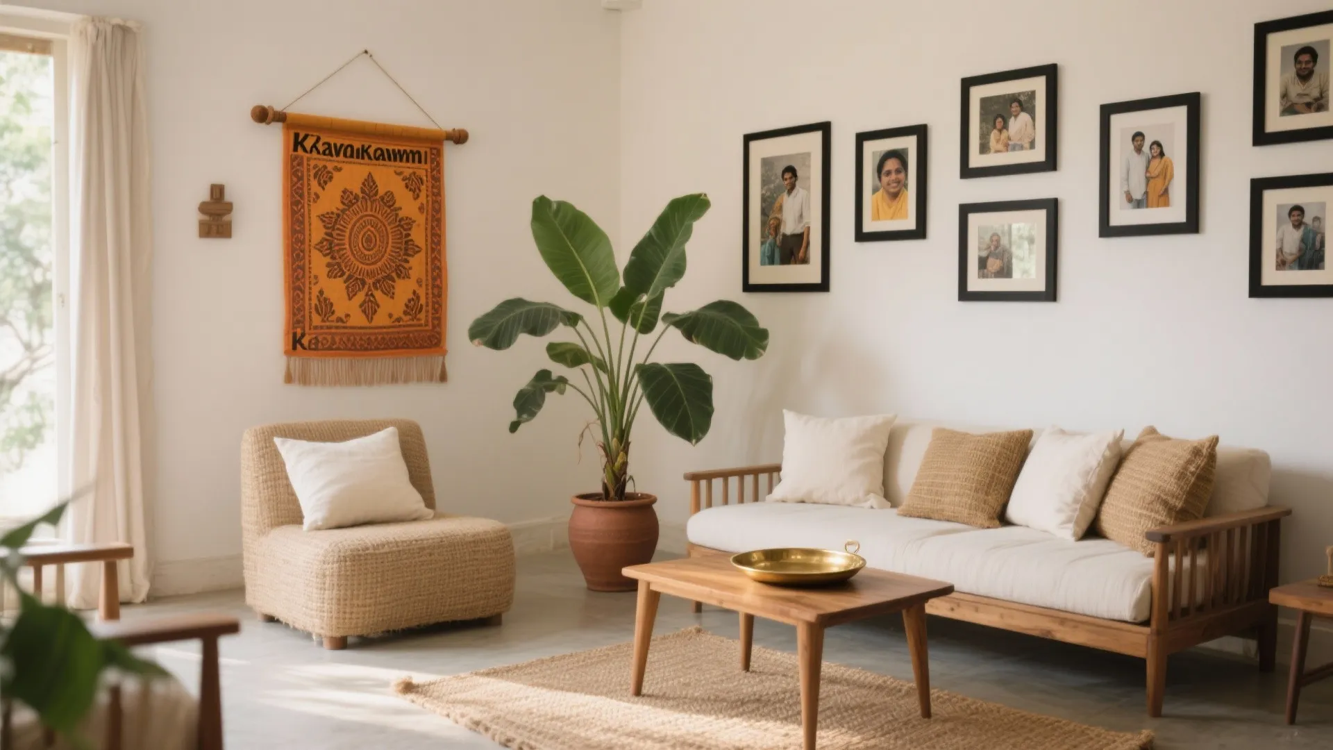 White living room featuring a wooden sofa coffee table wall hanging framed photos and large plant