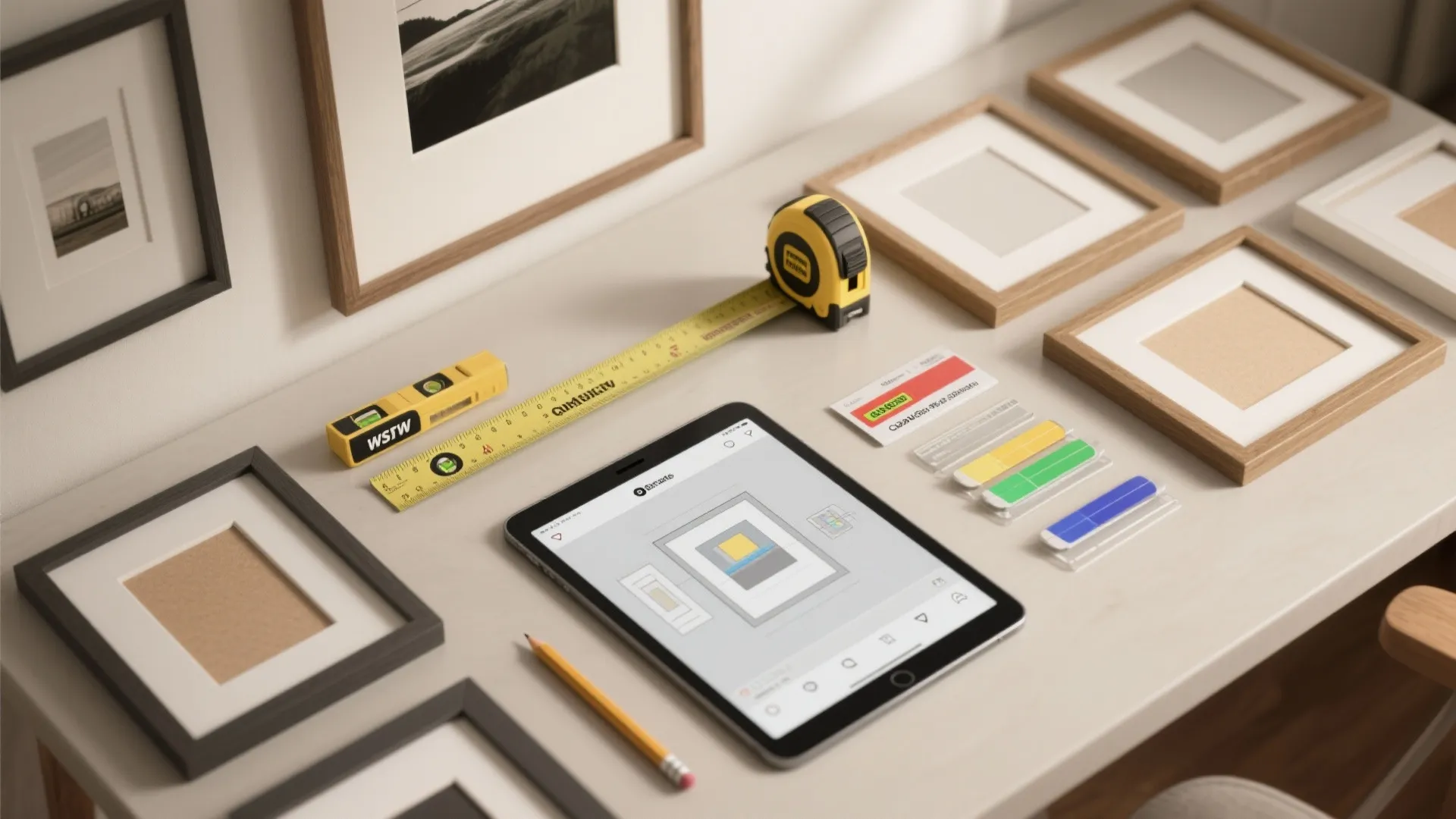 Top-down flatlay of hanging tools and tech: measuring tape, level, ruler, swatches and a tablet with a mockup app.