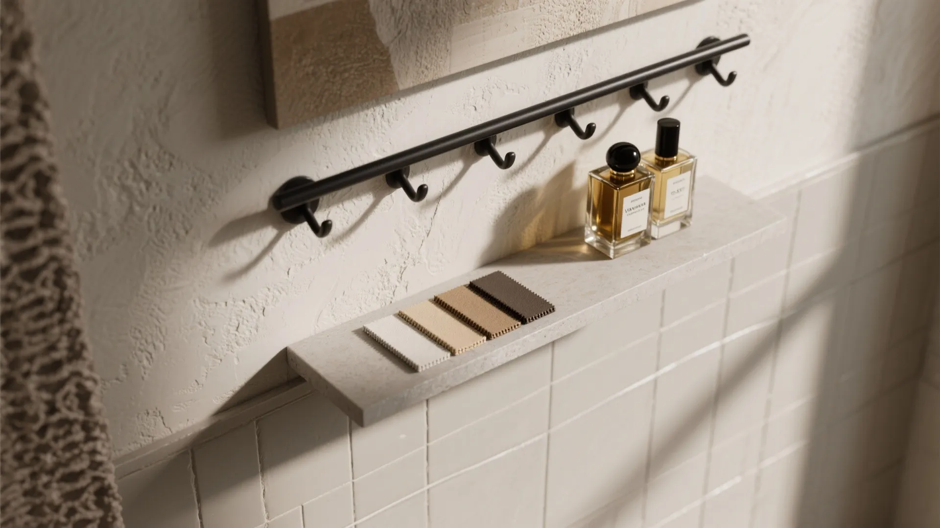 Black wall hooks above stone shelf with perfume bottles and color samples in bright bathroom