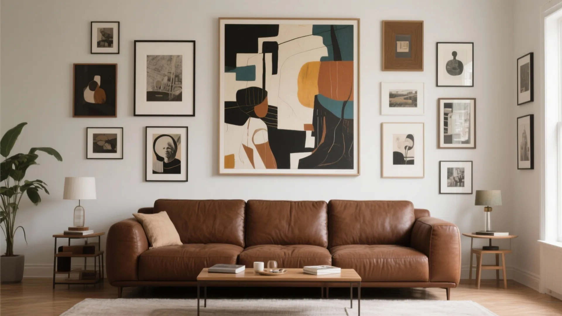Oversized artwork above a chocolate brown sofa