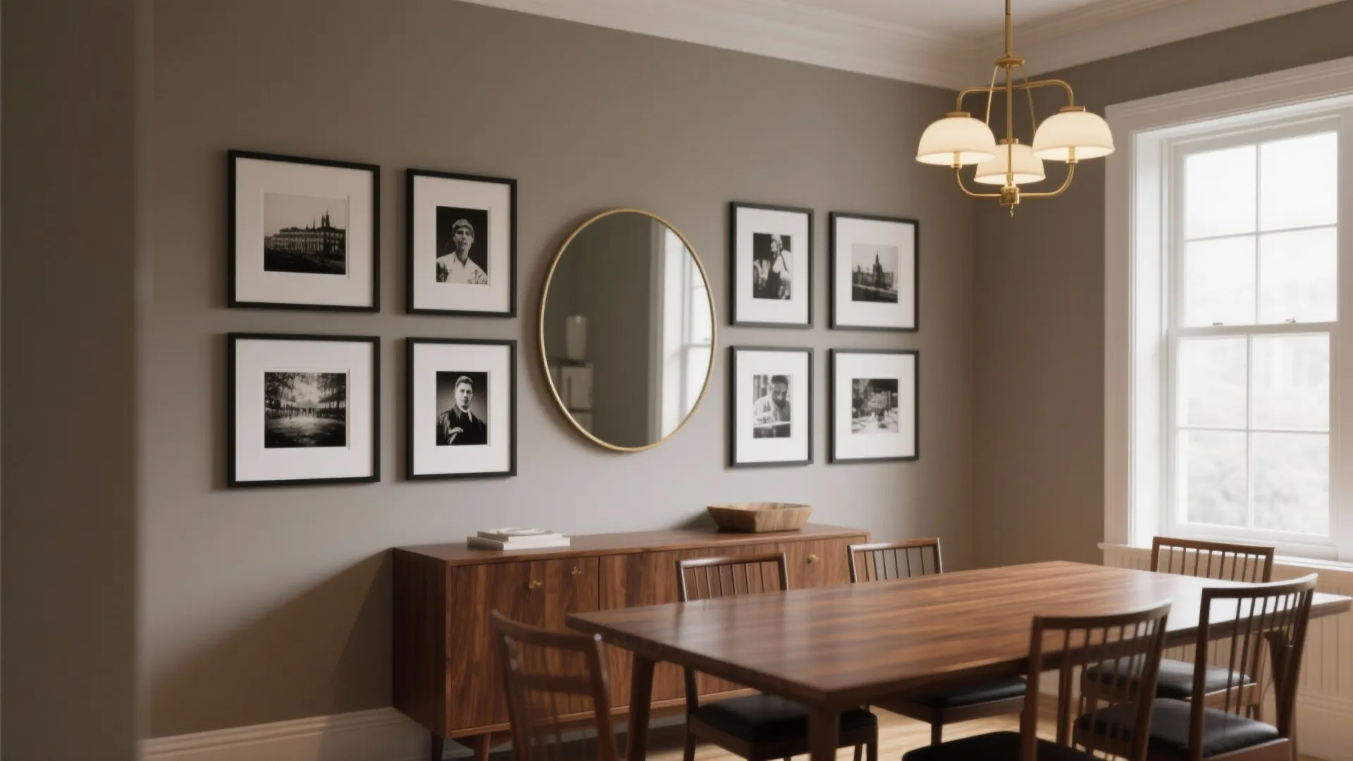 Dining room with wooden table and gallery wall featuring black frames around a round mirror