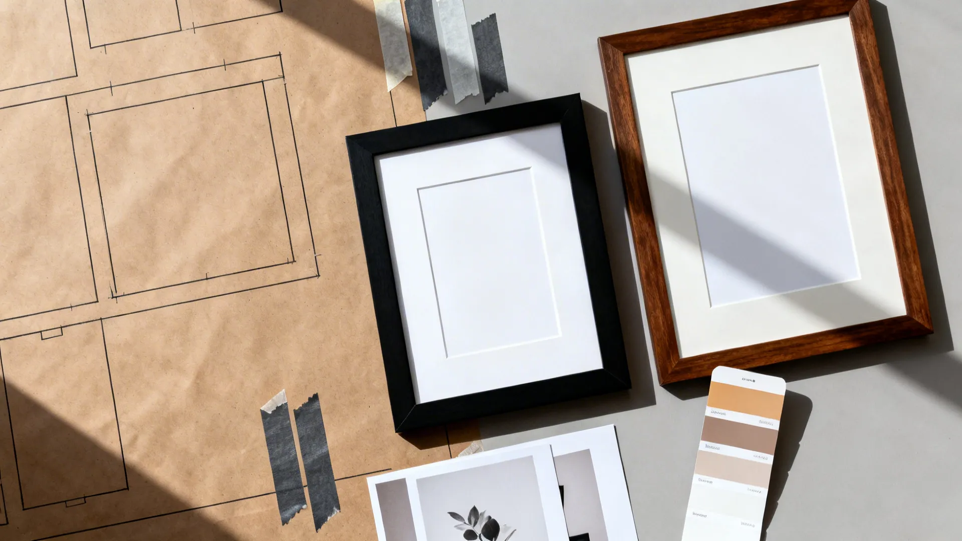 Flat lay with frame samples, white mats, kraft paper templates, and neutral swatches.