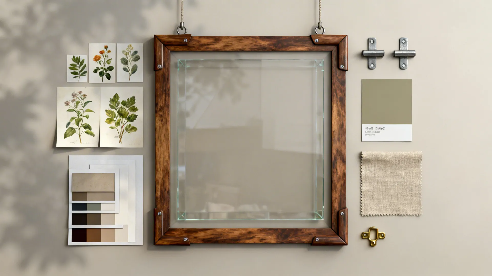Flat lay of walnut frames, botanical prints, mats, acrylic glazing, and warm greige paint chip.