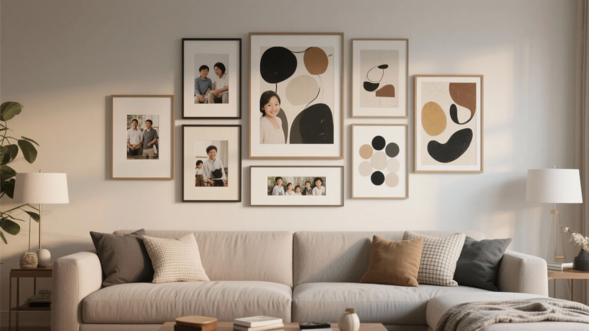 Gallery wall with family photos and abstract art above a beige sofa with brown pillows