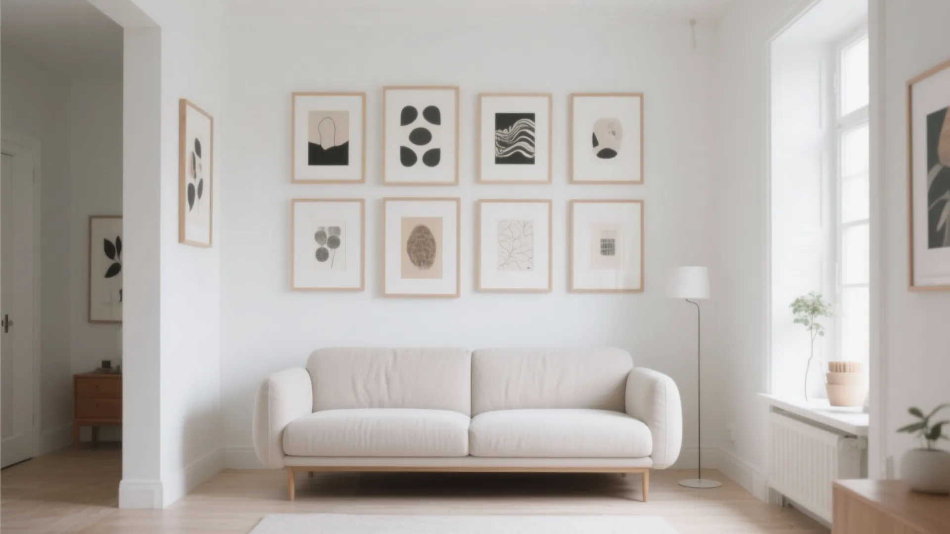 Minimalist white living room featuring beige sofa art wall with eight frames and floor light fixture