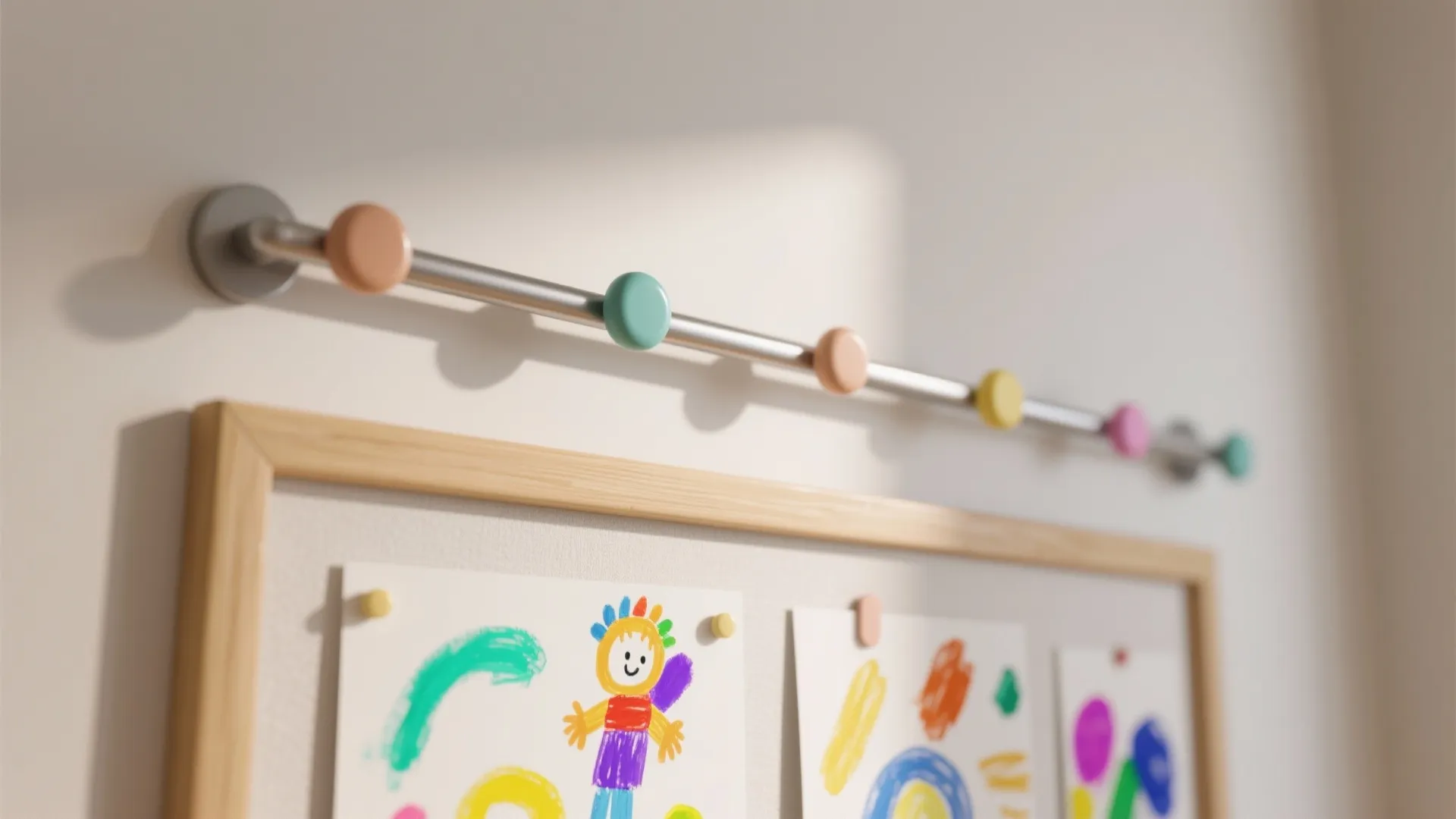 Silver wall rail with colorful round knobs mounted above a board displaying bright children drawings