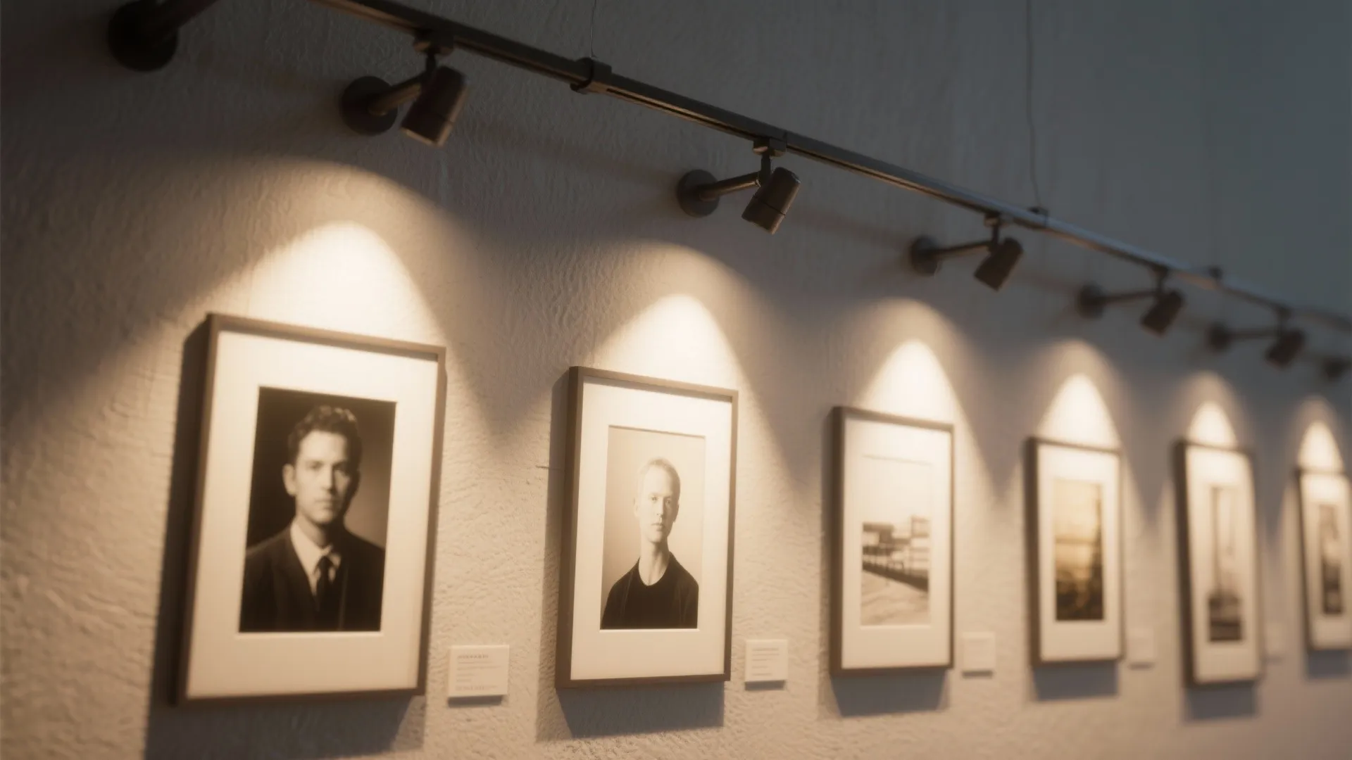 Gallery wall with adjustable track heads casting warm, controlled light on framed prints