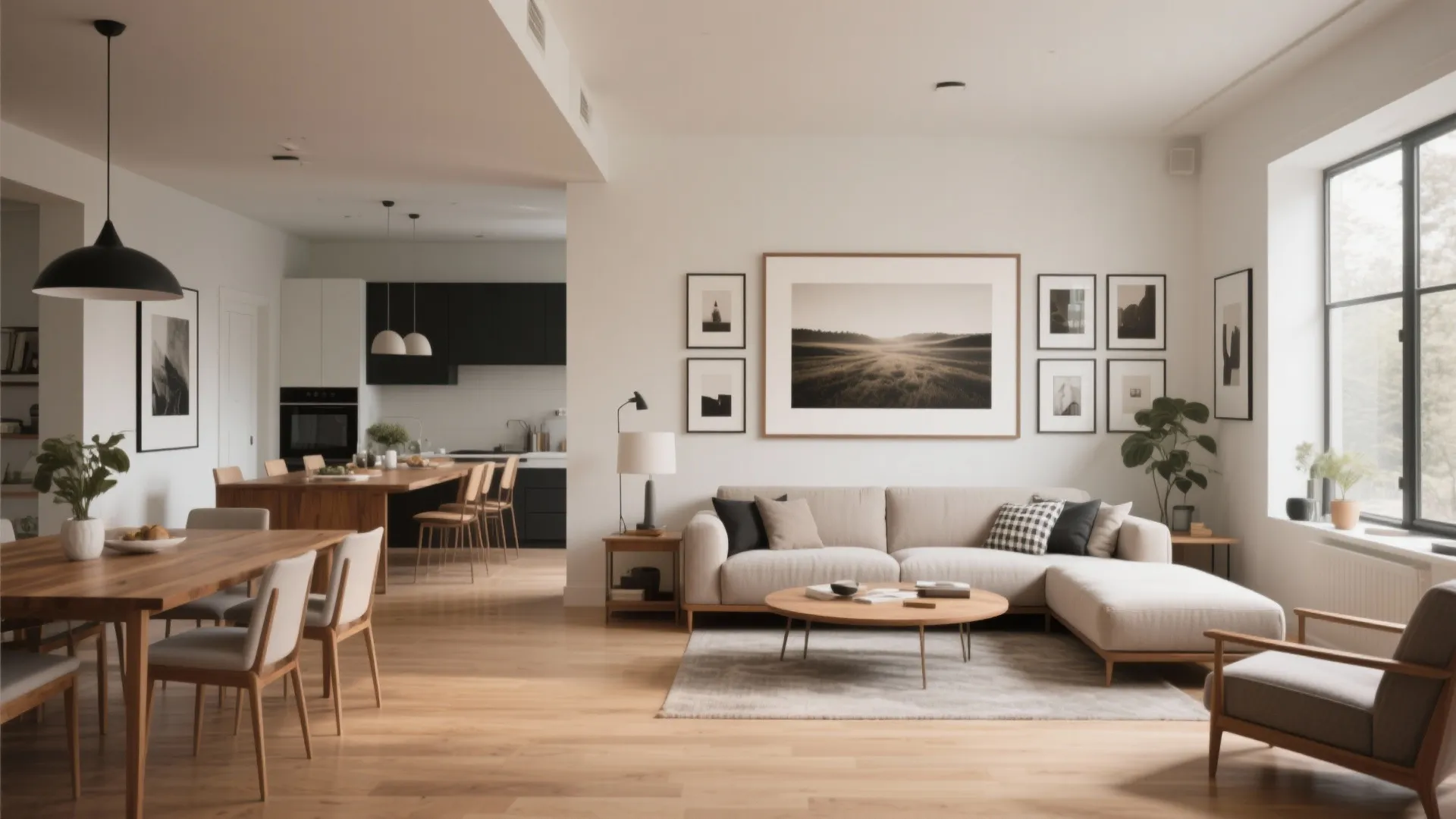 Framed art over sofa and gallery wall over dining table in open-plan space