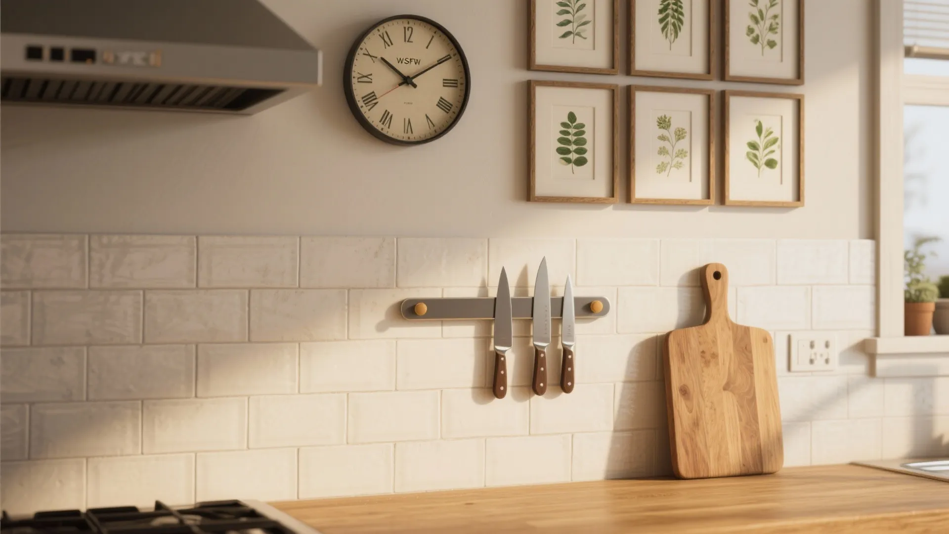 Modern kitchen with wall clock botanical art prints magnetic knife rack and wooden cutting board