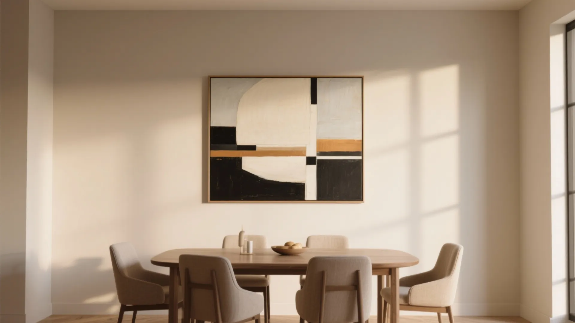 Modern dining room with abstract wall painting above a wooden table and several grey chairs