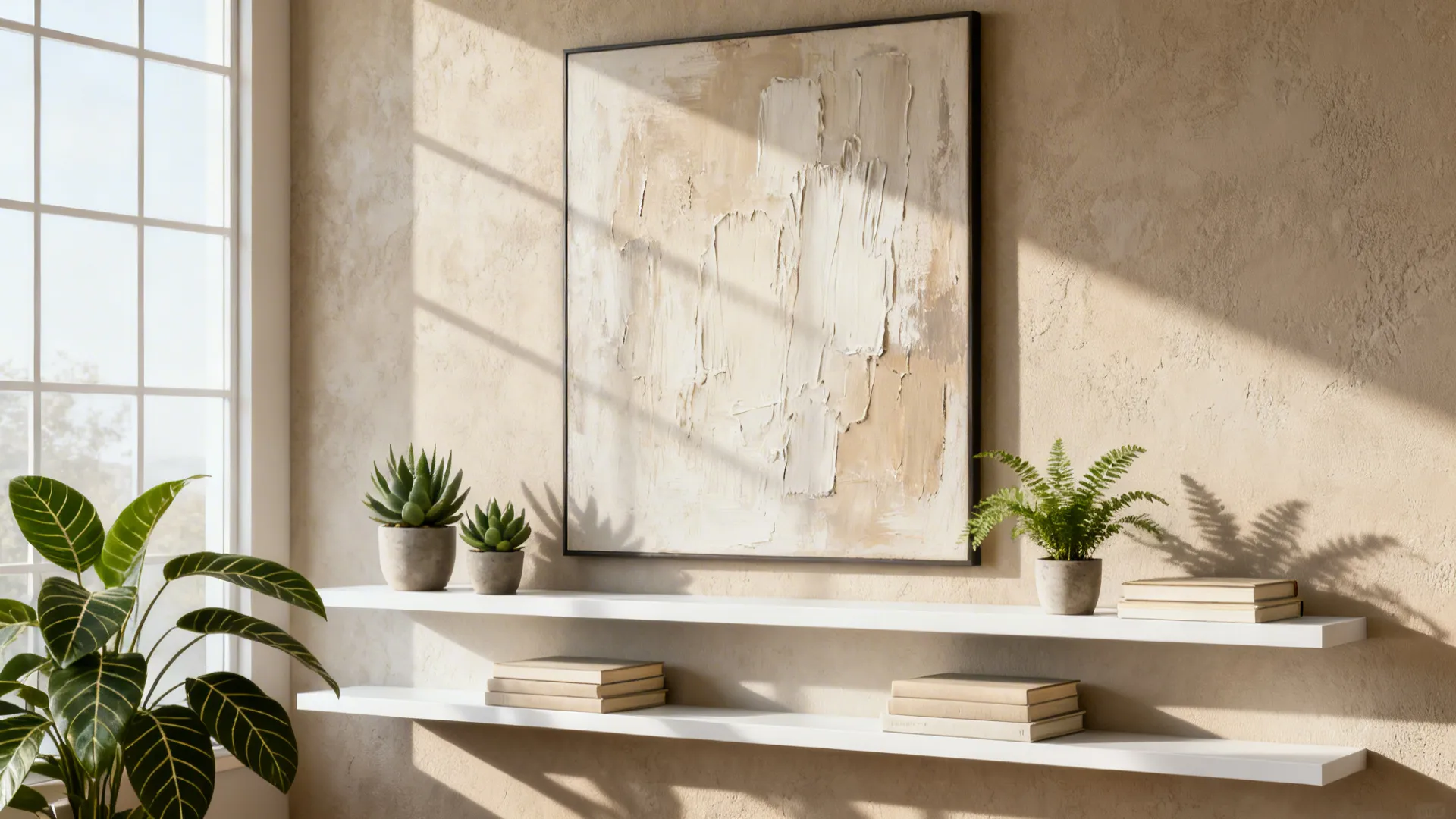 3. Mix Big Art with Floating Shelves