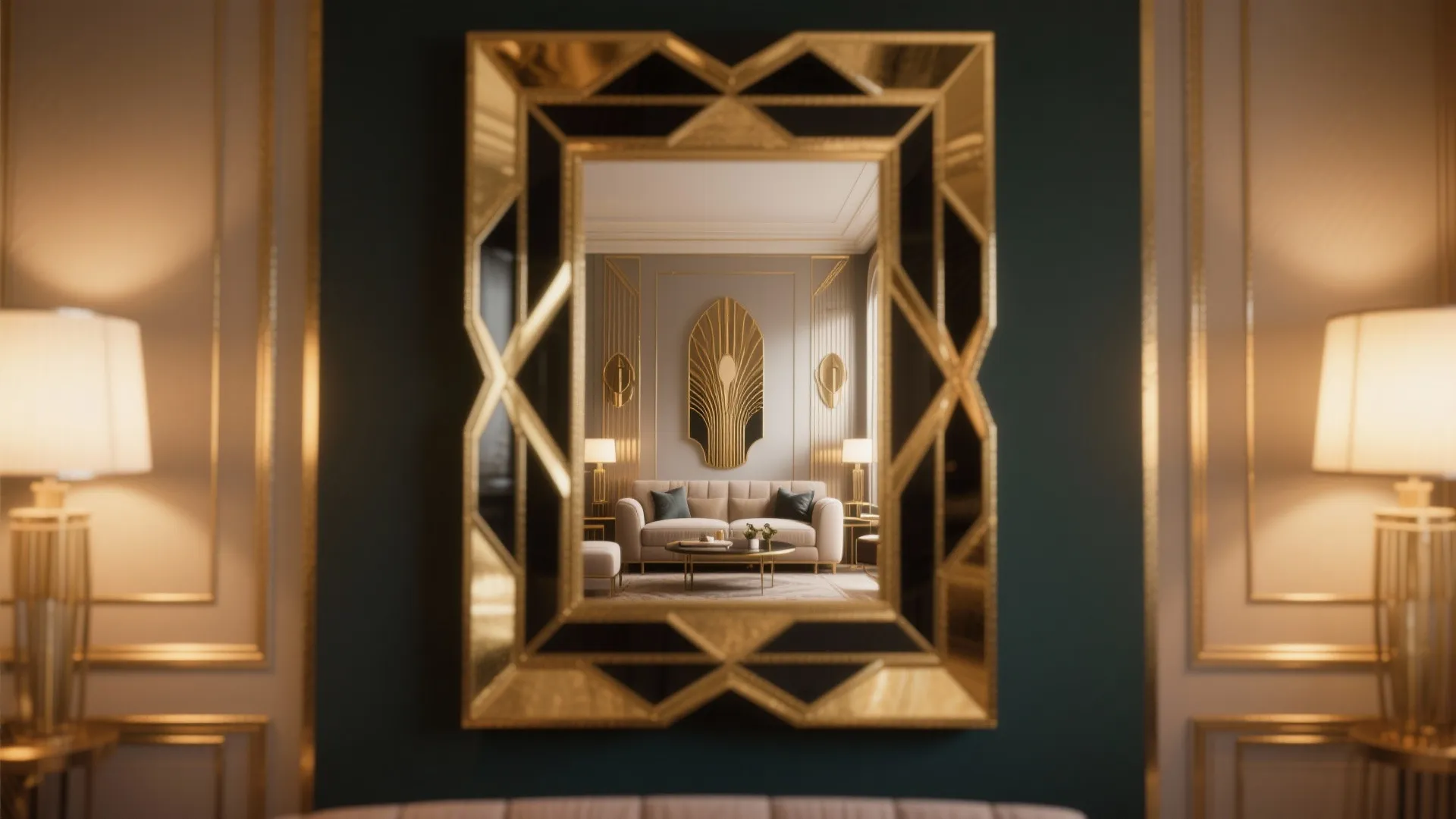 Elegant gold and black bold-framed mirror in an Art Deco room