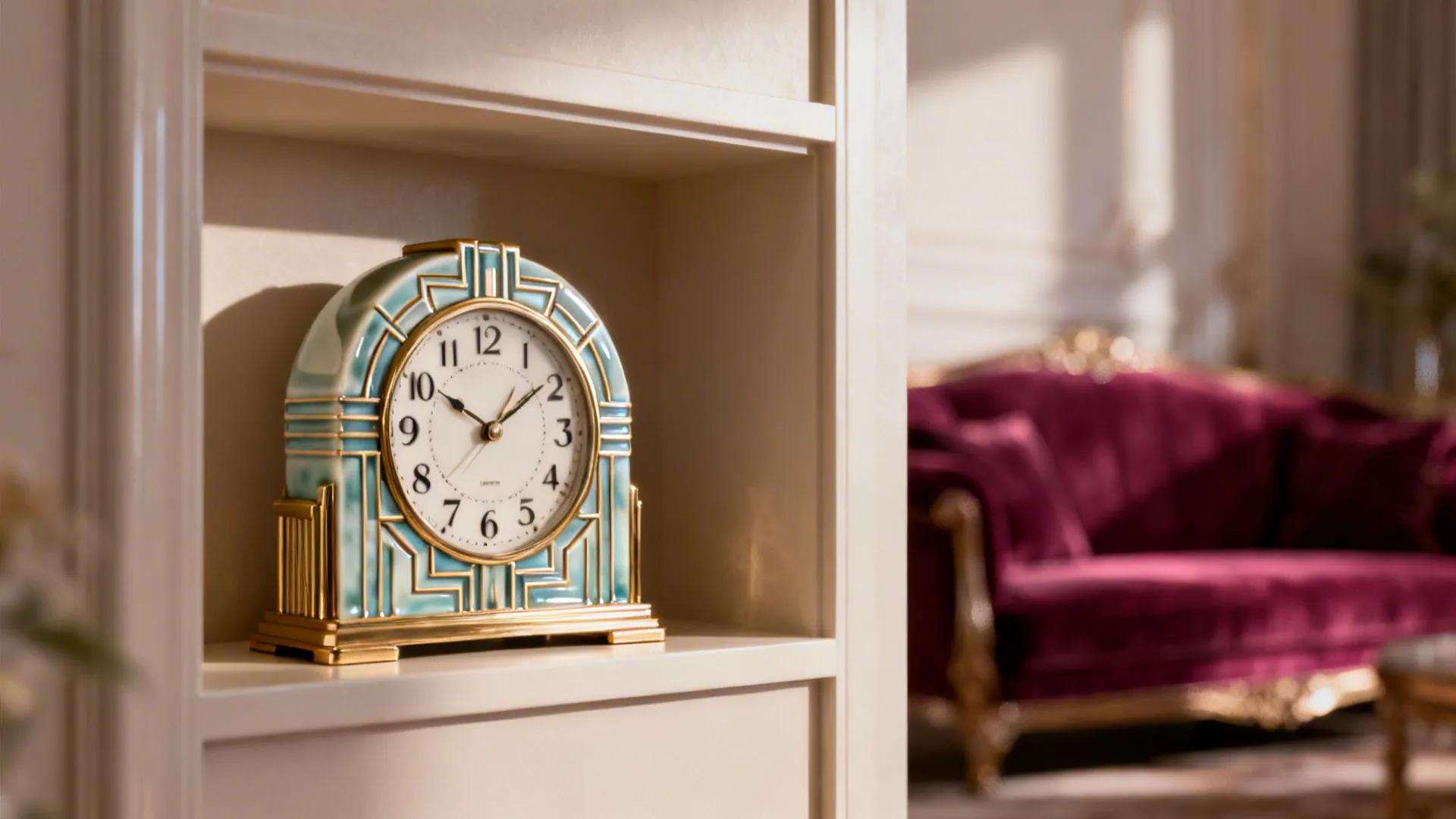 Art Deco ceramic dial clock on a recessed shelf with brass accents and jewel tones