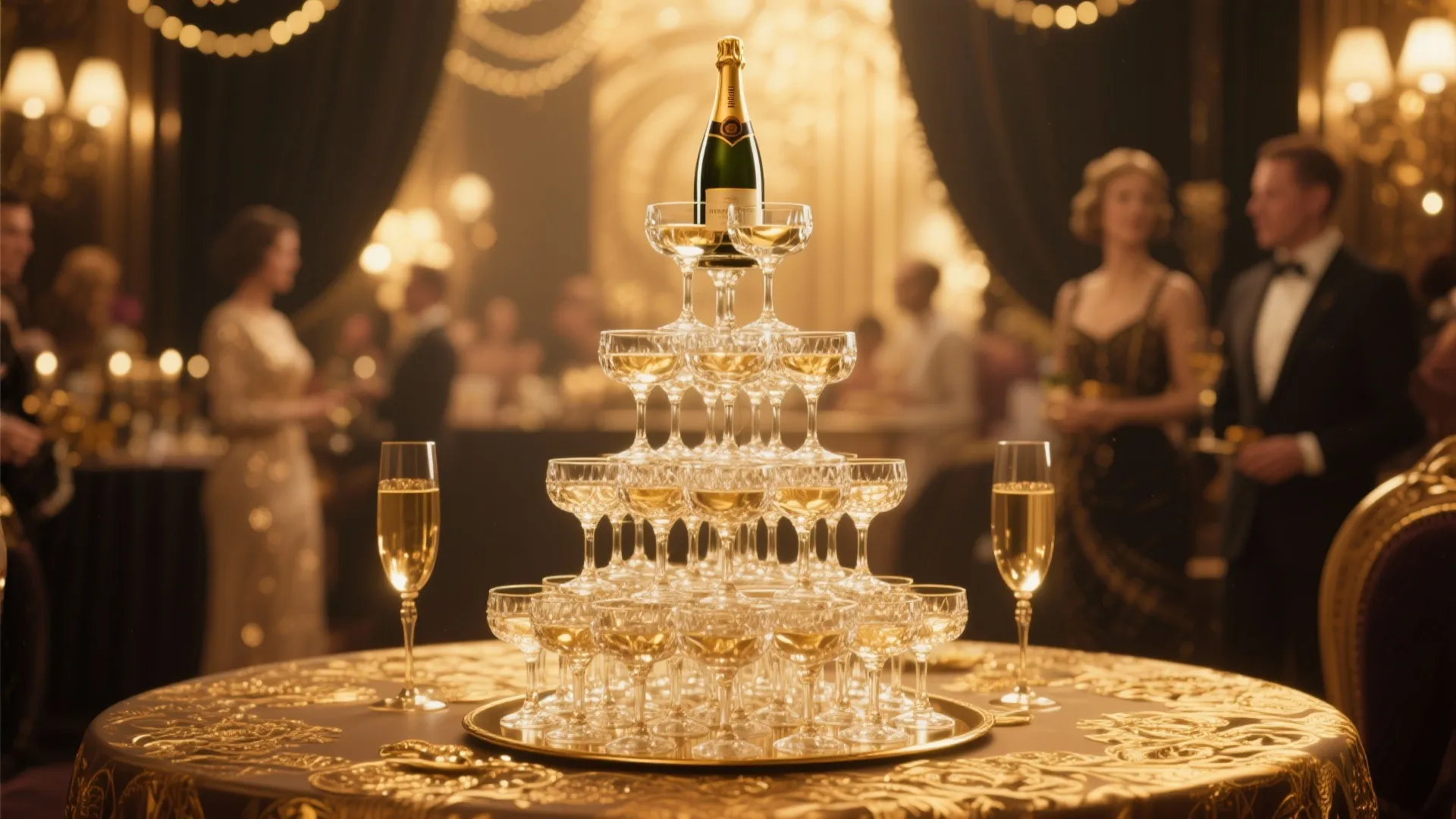 Champagne tower in crystal glasses under golden light