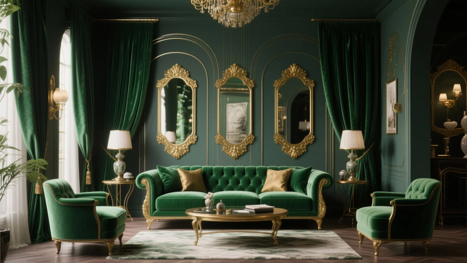 Luxury living room with green velvet sofa gold mirrors ceiling light and elegant wall panels