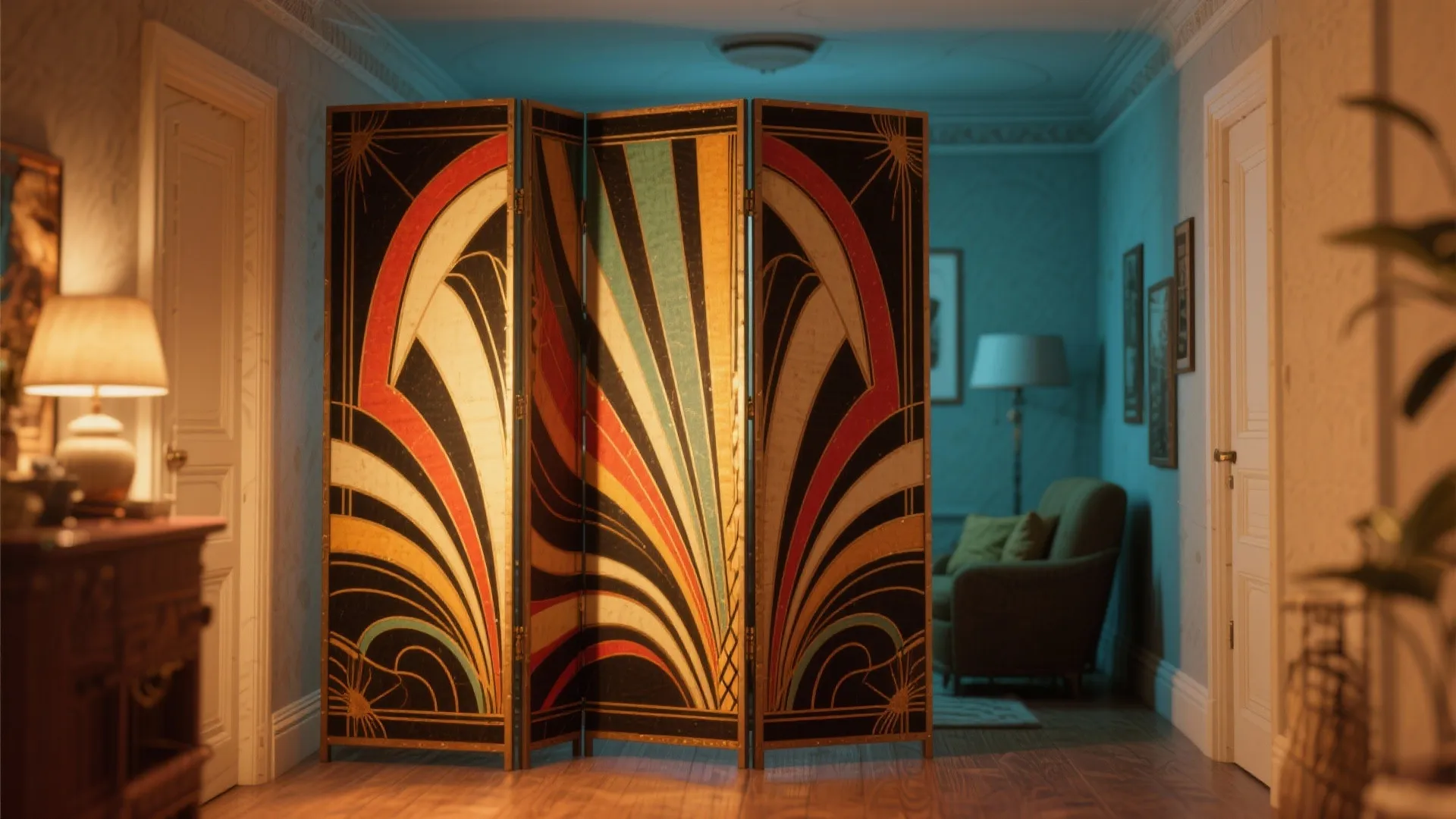 Bold-print Art Deco folding screen used as a divider